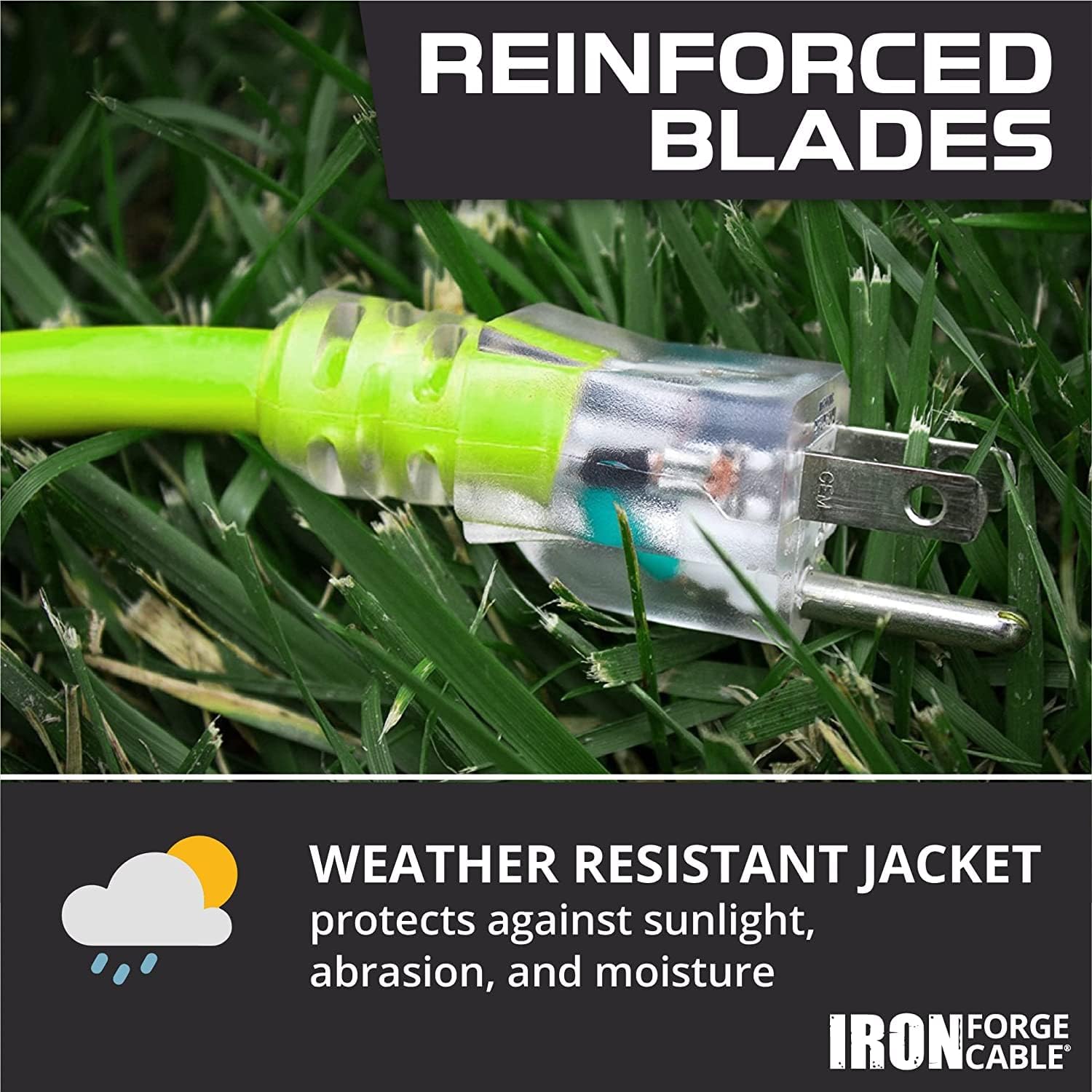 Iron Forge Cable Weatherproof 15 Ft Outdoor Extension Cord - 16/3 SJTW 13 Amp Heavy Duty Neon Green High Visibility Cable with 3 Prong - Lighted End - Image 6