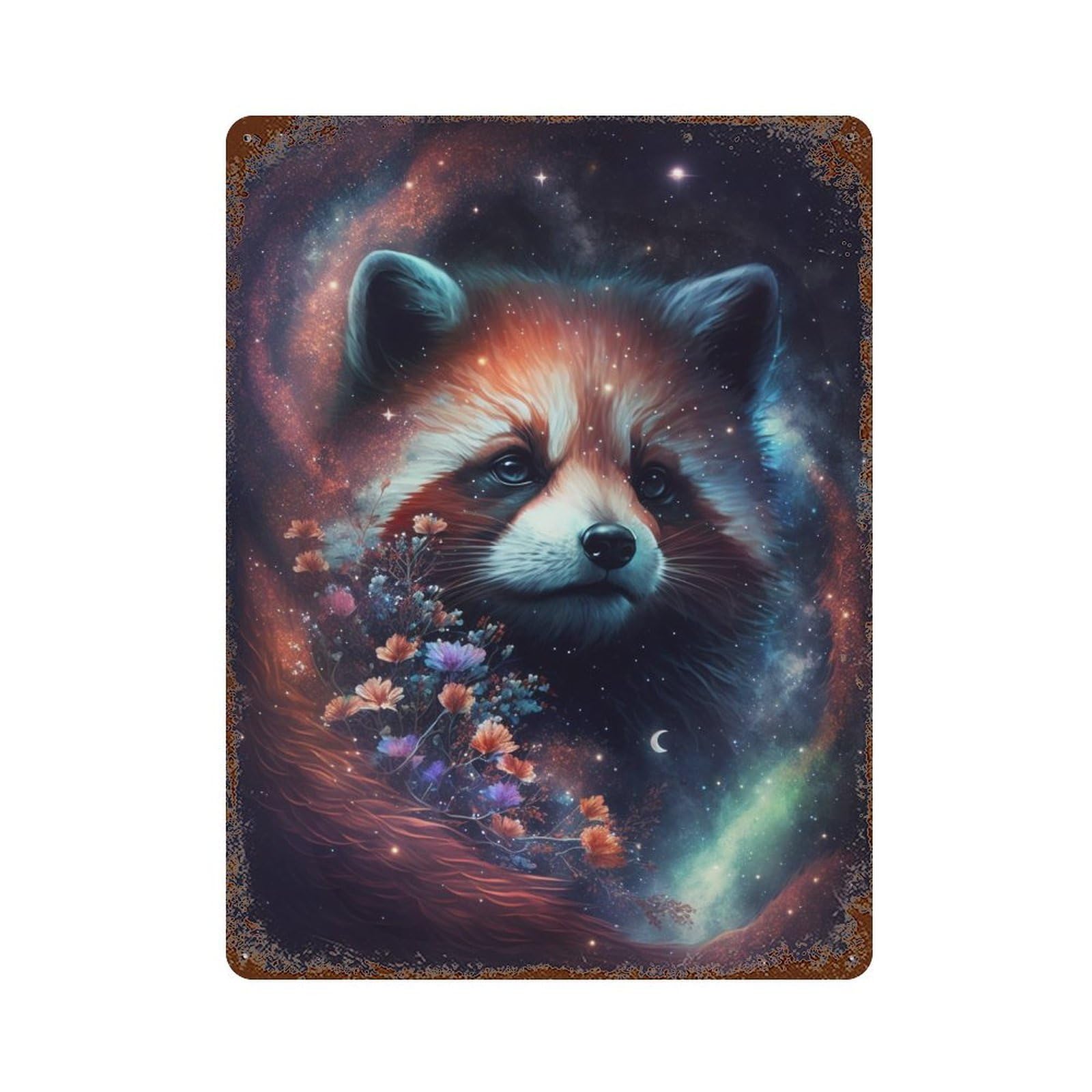Rust Effect Galactic Red Panda with Flowers Rusty Metal Tin Sign 15.7"x11.8", Decorative Metal Wall Art for Farmhouse, Kitchen And Entryway Decor