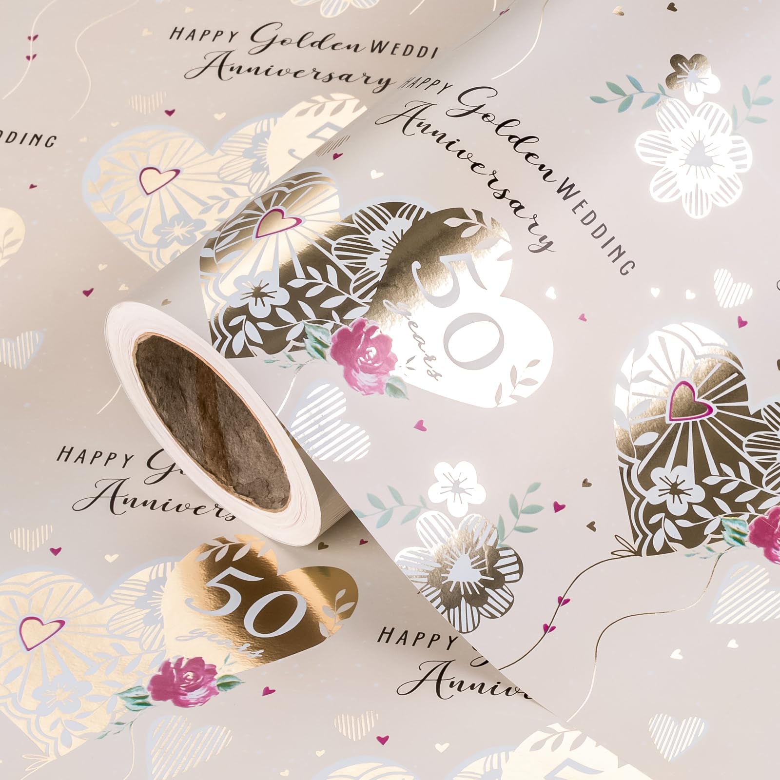 WRAPAHOLIC 50th Anniversary Wrapping Paper Roll - Mini Roll - 17 Inch x 33 Feet - Gold Foil 50 Years Happy Golden Wedding Anniversary Design Perfect