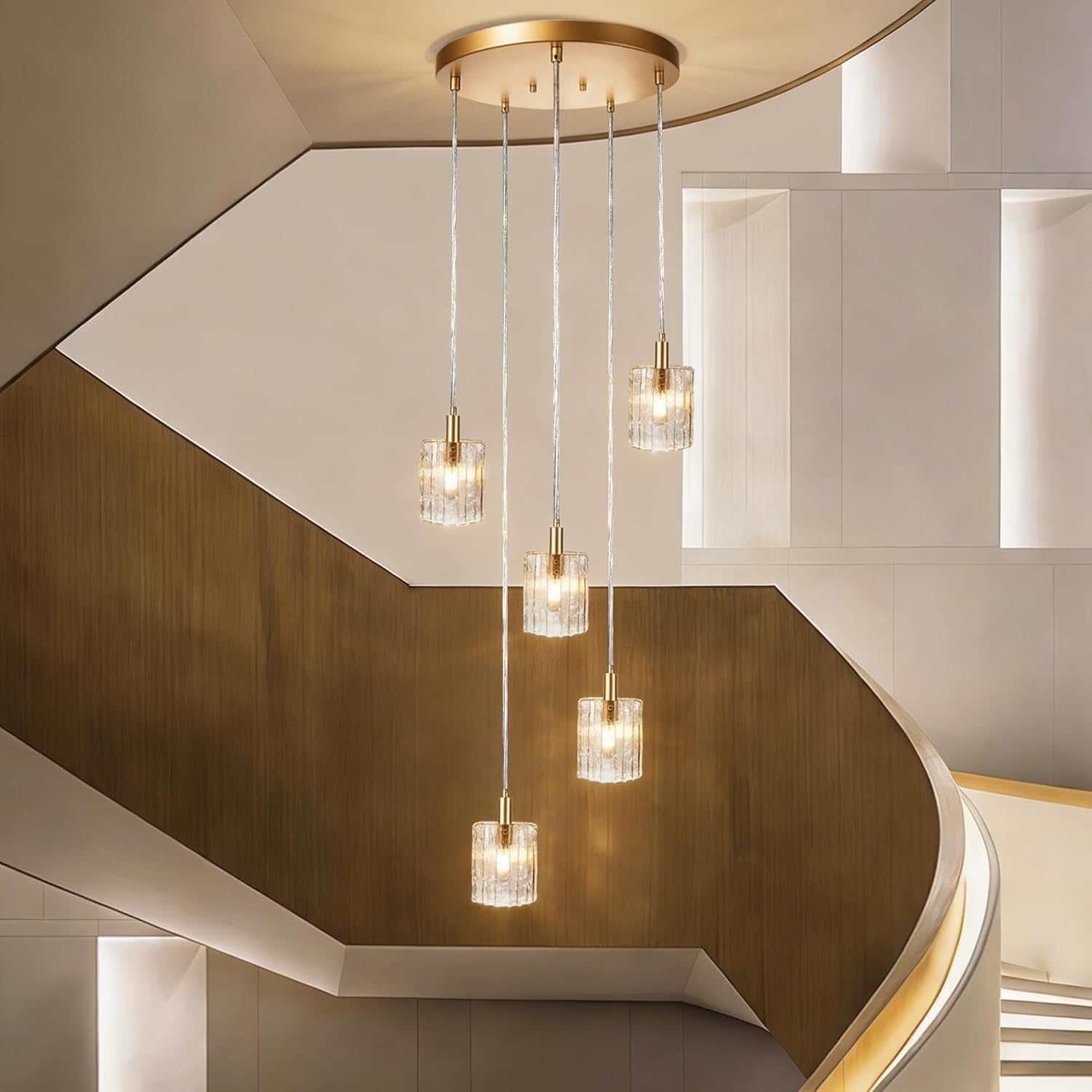 5-Light Glass Pendant Light Fixtures High Ceiling Hanging Cluster Chandelier Gold with Clear Glass Shade, Modern Pendant Lighting for Stairway Kitchen Island Dining Living Room (E12)