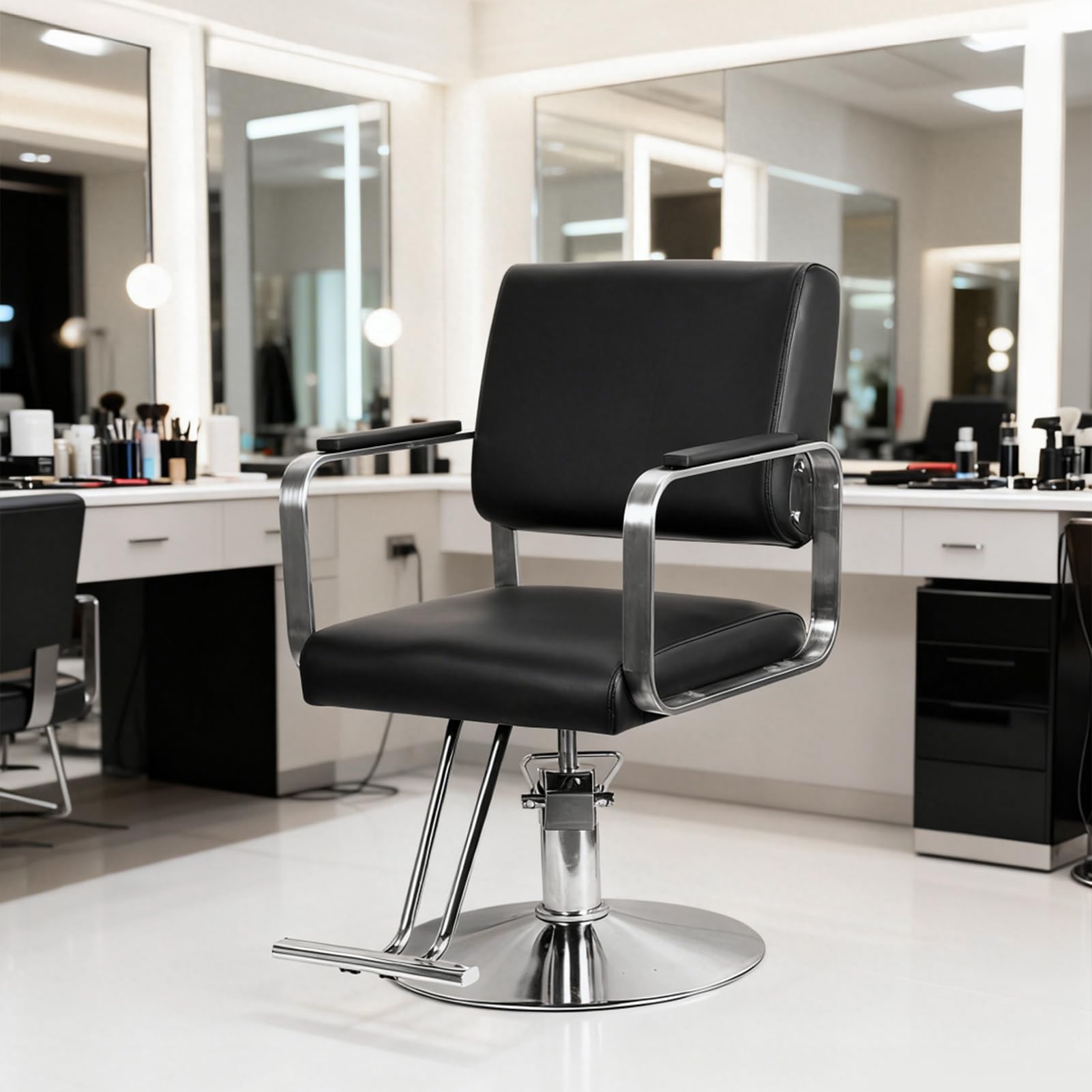 Hydraulischer Friseurstuhl für Barbershop & Salon – Höhenverstellbar & 360° Drehbar, PU-Leder-Oberfläche,Bedienungsstuhl belastbar bis 150kg, Ideal für Barbershop, Salon ﻿ (Schwarz)