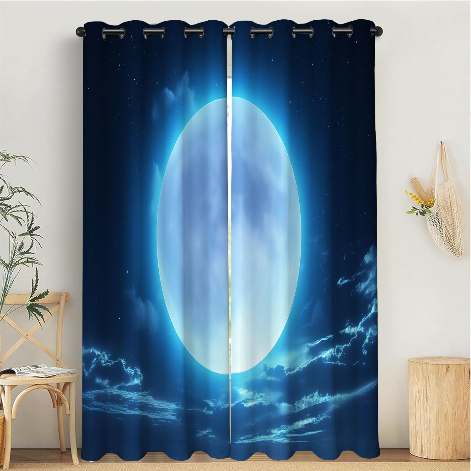 Rideau occultant paysage mystérieux ciel pleine lune noir bleu 132x213cm lot de 2