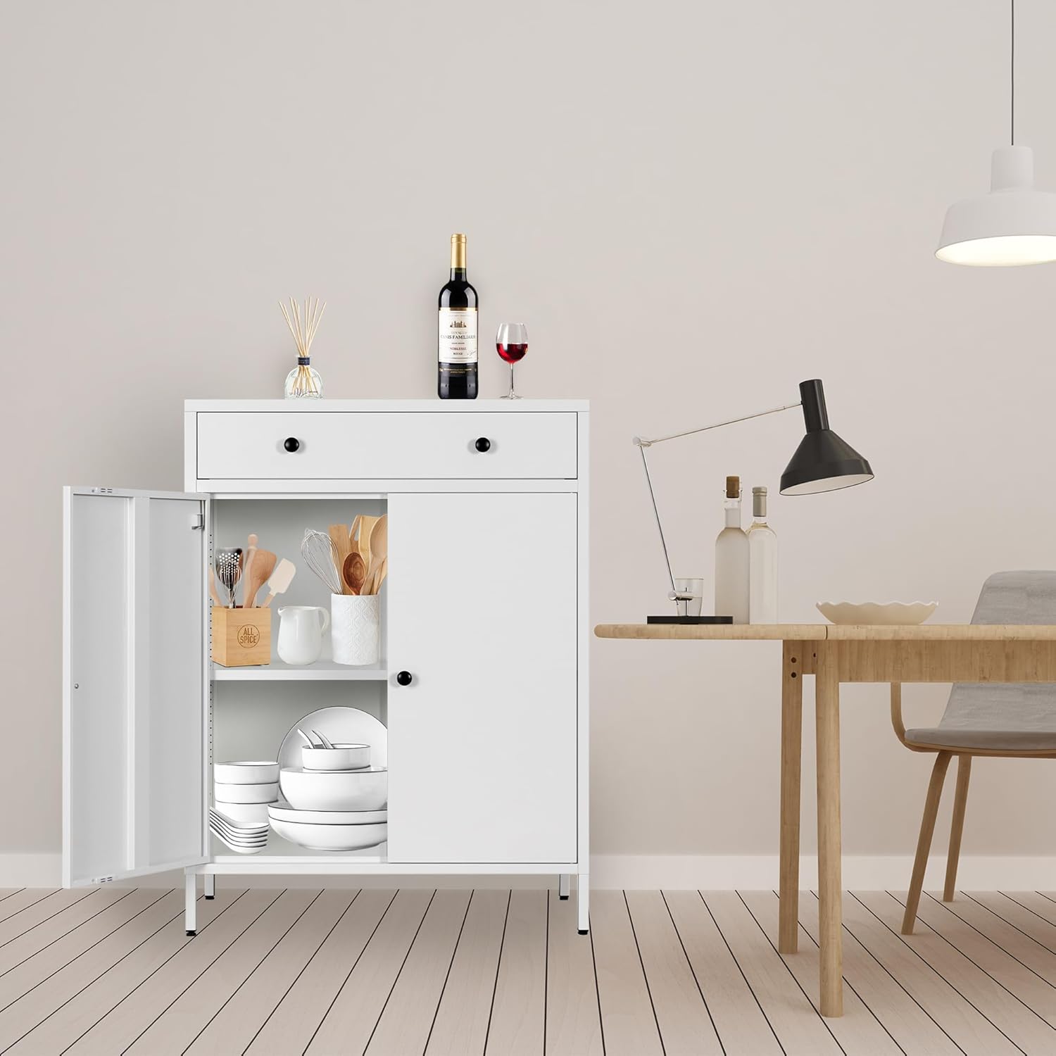 CMY Metal Storage Cabinet with Drawer and Doors, 14" D x 26" W x 35" H Accent Sideboard Buffet Cabinet with Adjustable Shelf and Leg Levelers for Kitchen, Home, Office, Living Room-White