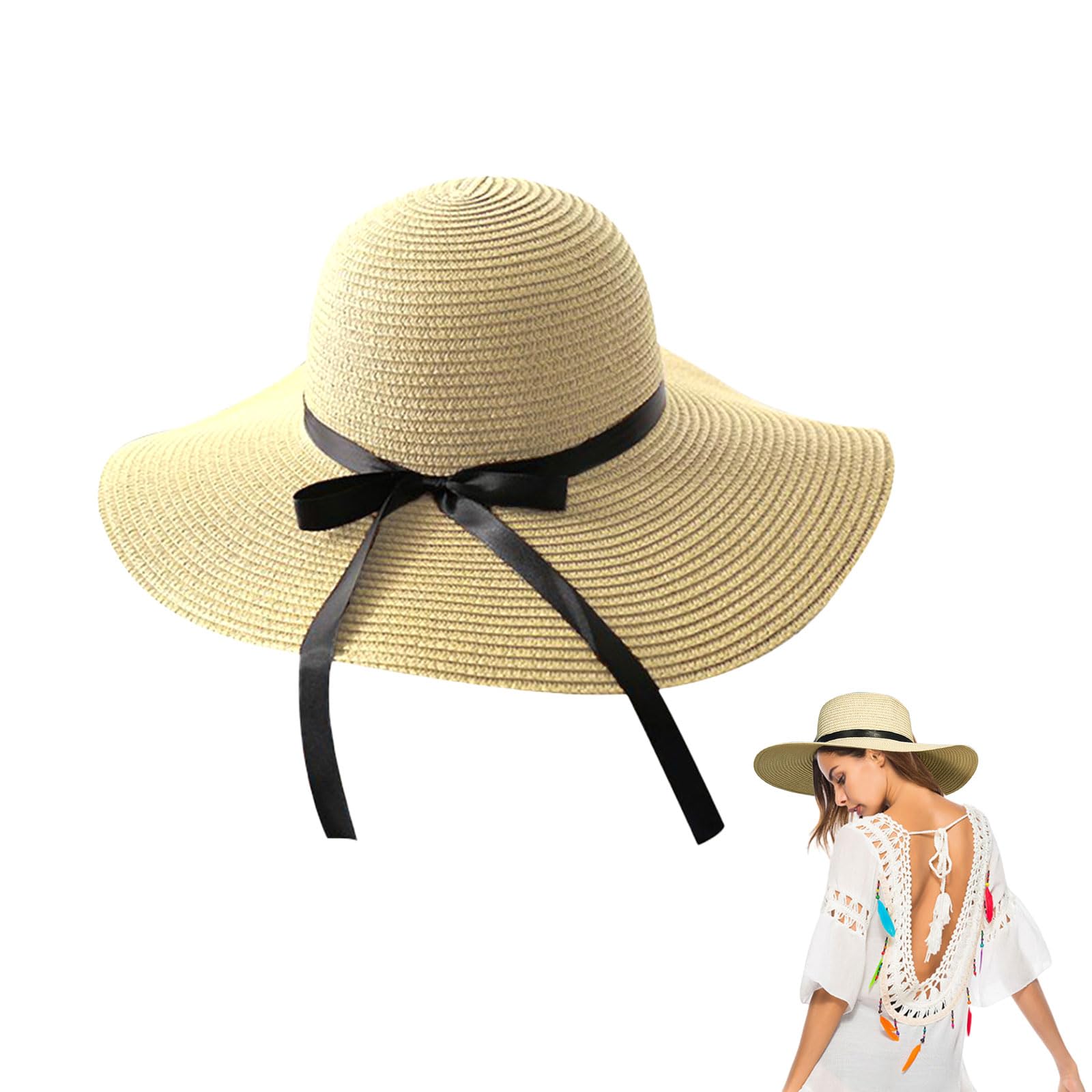 Womens Wide Brim Straw Hat - Summer Beach & Sun Hat, Foldable Packable (Khaki)