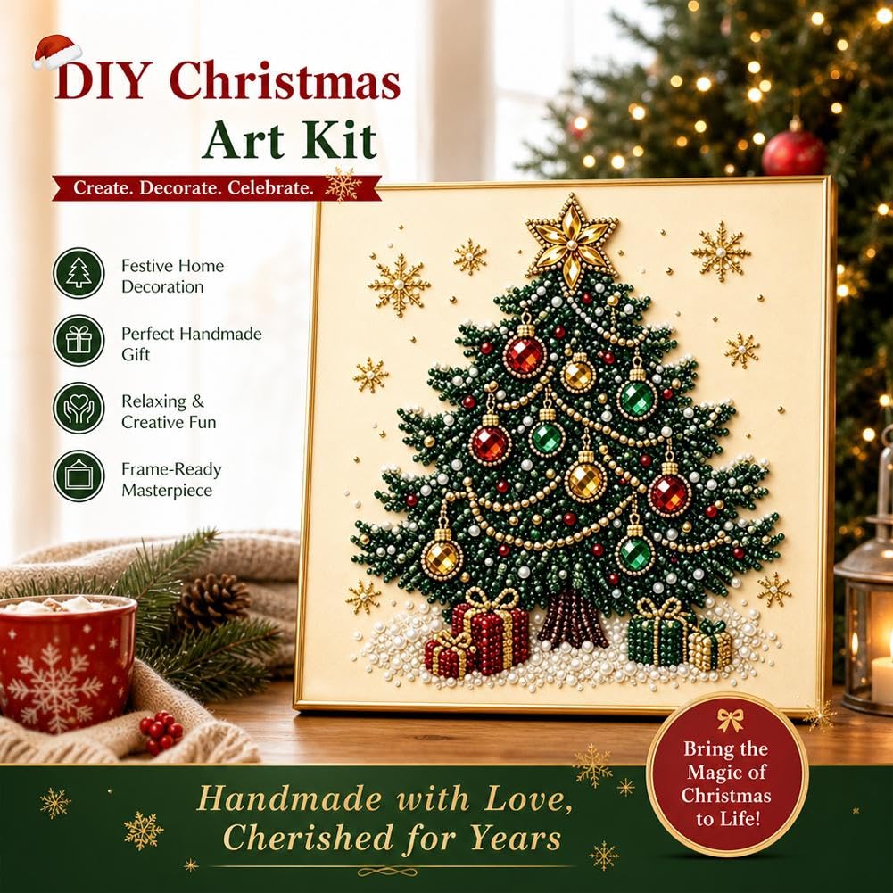 DIY Christmas Pearl Diamond Art Painting Kit with Frame,Christmas Pearl Beads Art Craft for Adults & Beginners,Gemstone Diamond Dots Beads Painting for Home Wall Decor,Beginner DIY Seasonal Party Gift - Image 3