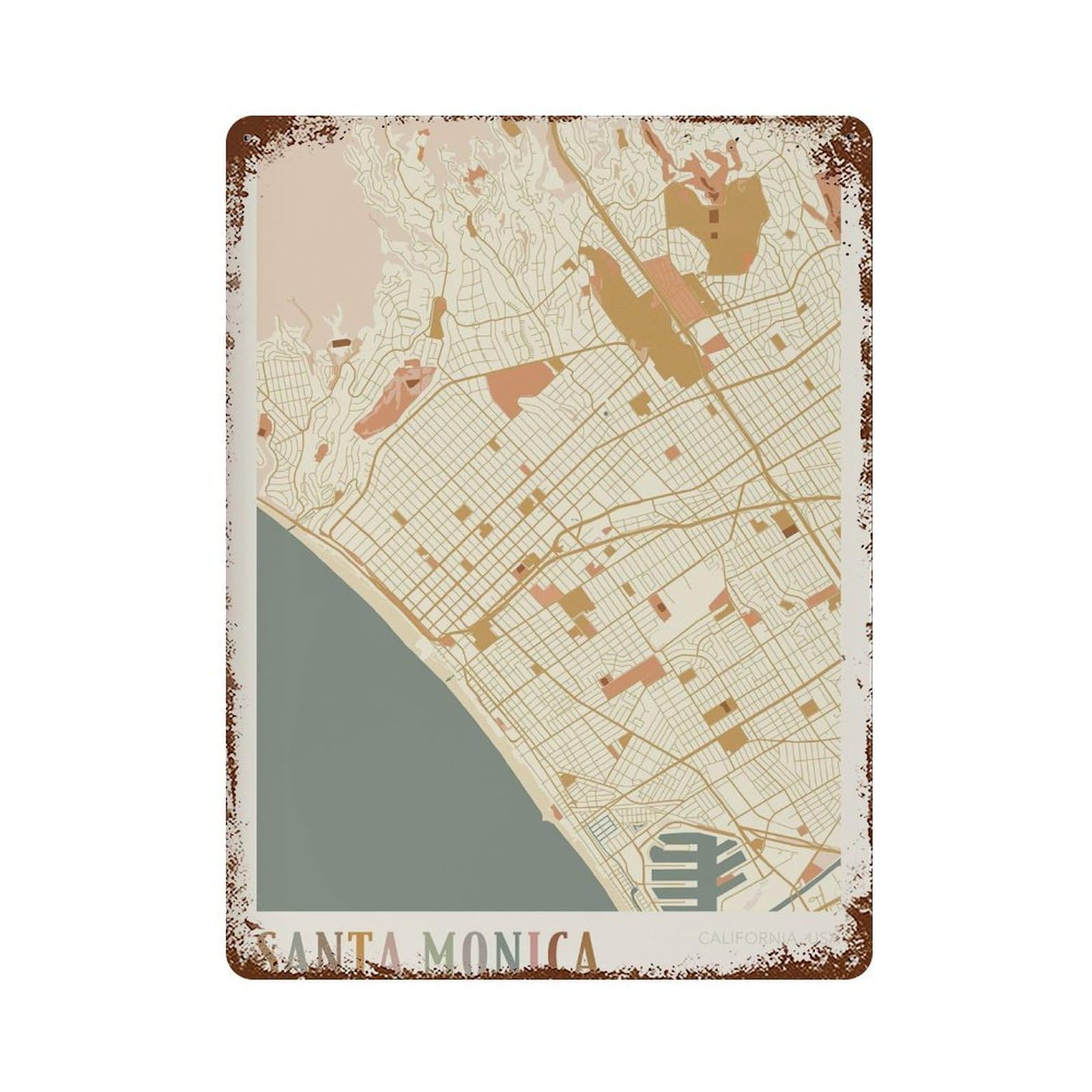 xiaoxiaoshen Santa Monica Map California Travel Gift Boho Wall Decor Art Metal Tin Poster Modern Home Decor Art Home Bar Shop Decorations Vintage Sign 40x30cm