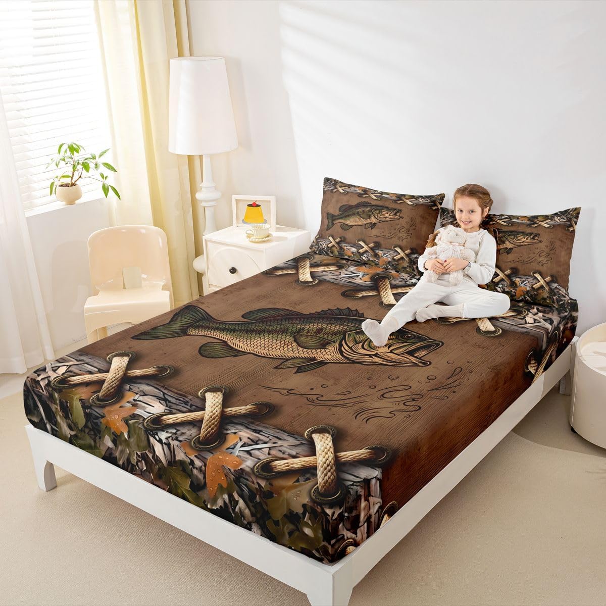 Feelyou Bass Fish Bed Sheets Set Full Size Lake Fishing Bed Set for Kids Boys Girls Brown Camouflage Deep Pocket Fitted Sheet Pike Fish Breathable Soft Lightweight Microfiber Fishing and Hunting