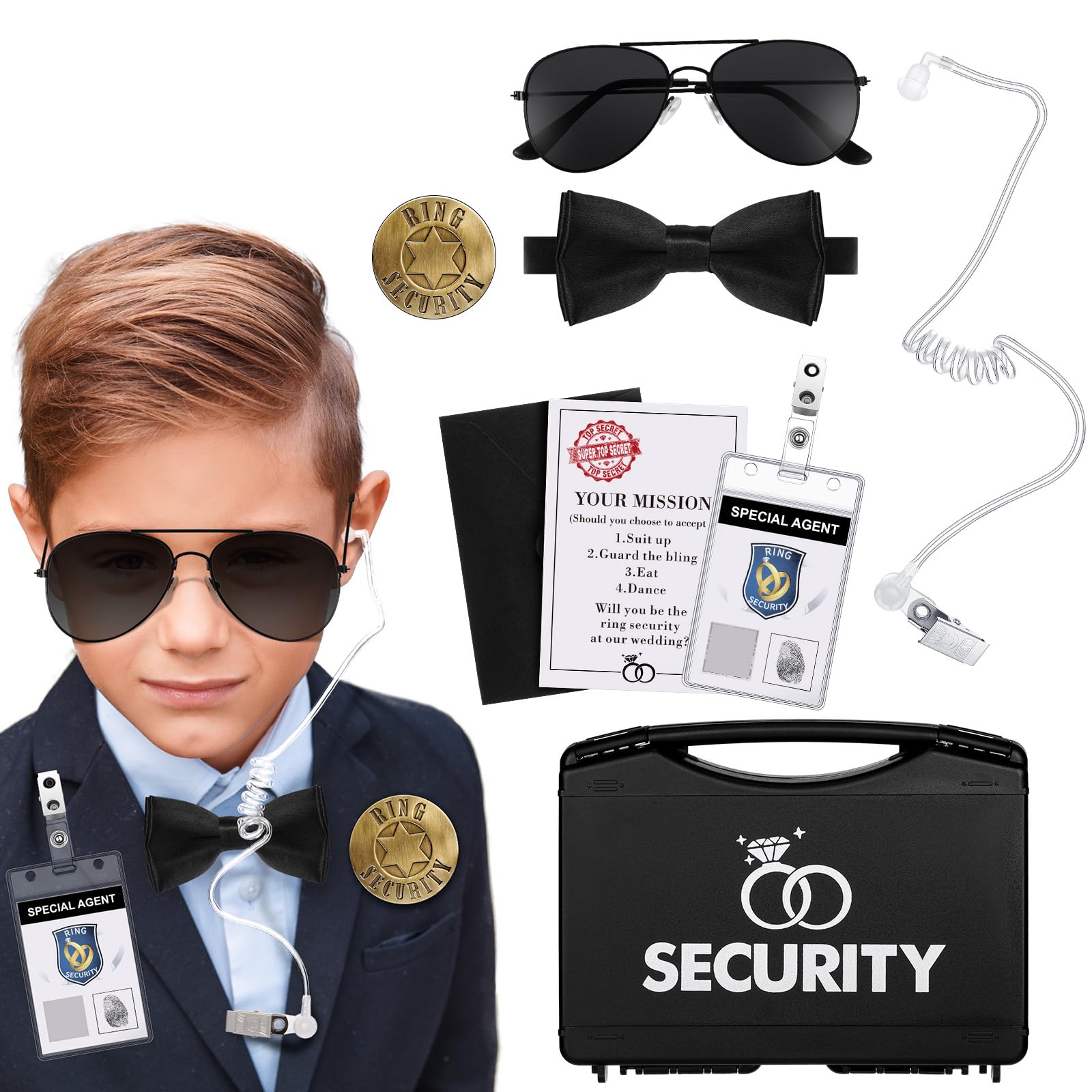 Aoriher Ring Bearer Set - Wedding Proposal Gift With Box, Badge, Sunglass, Earpiece, Bow Tie, ID Holder, Card, Envelope (9 Pcs)