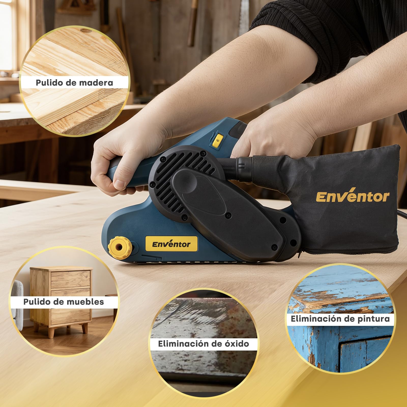 Enventor Lijadora de Banda 950W, 6 Velocidades 120-380m/min, Lijadora Electrica con 12 Bandas de Lija 76 x 533mm (P80, P120, P180,P240), Bolsa Colectora de Polvo