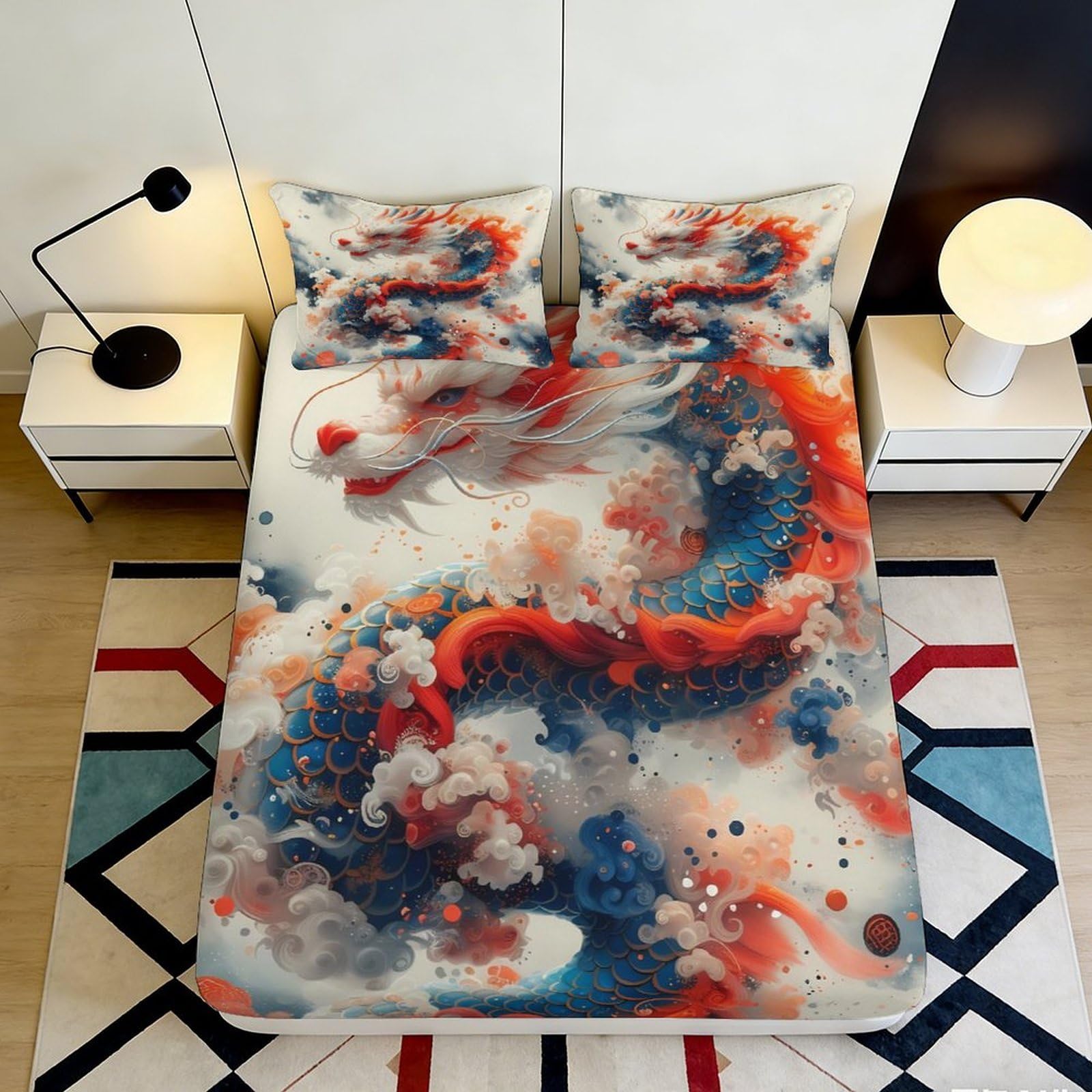 3D Printed Dragon Pattern Fitted Sheet Microfiber Soft Breathable Cloud Design Bed Cover for Bedroom Dormitory Guest Room Mattress Protection 180x200x25cm