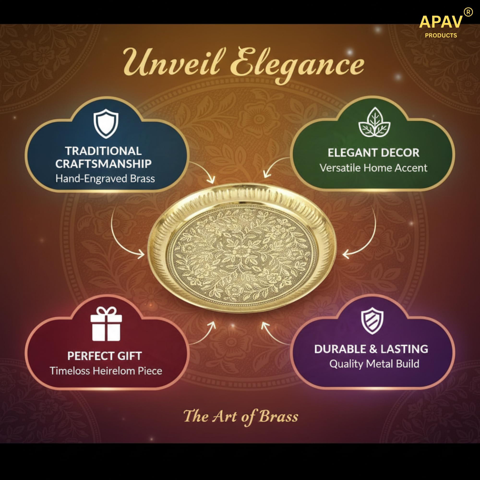 APAV Brass Pooja Thali 5 Inch – Pure Brass Mini Puja Plate for Aarti, Kumkum & Daily Worship – Handcrafted Traditional Pooja Plate for Home Temple & Gifting (5 Inch (Golden)) 2