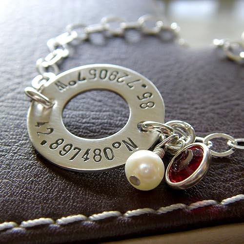 Miniatura 4 de Longitude Latitude Washer Bracelet - Personalized GPS Coordinates - Hand Stamped Genuine Sterling Silver - Stamped on Both Sides