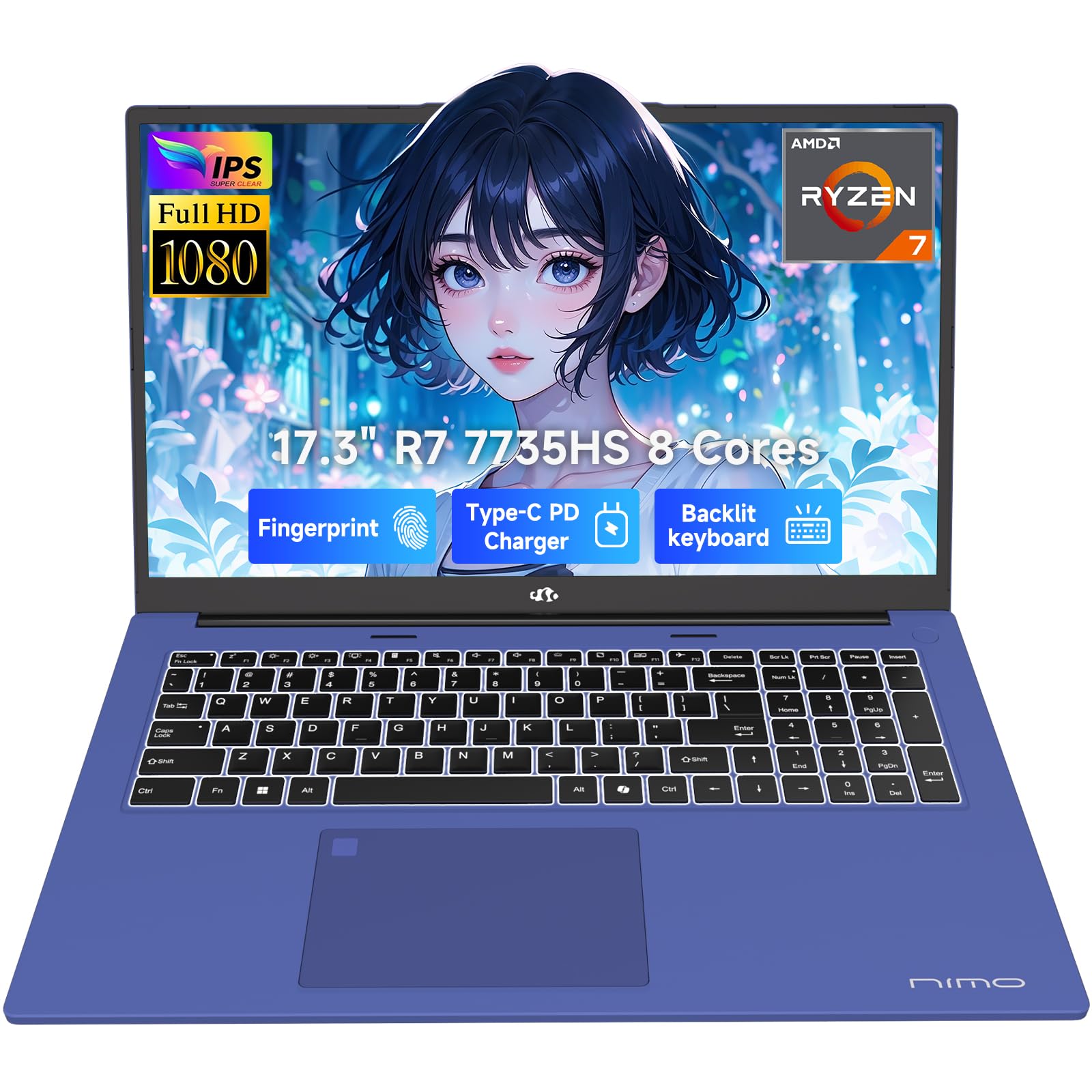 NIMO 17.3" Business-Laptop, AMD Ryzen 7 7735HS (8C/16T), 16GB RAM 2TB NVMe SSD, Radeon 680M for Light Gaming, PD 100W Type-C WiFi-6E BT5.2 Fingerprint Unlock Backlit Keyboard for Working & Student