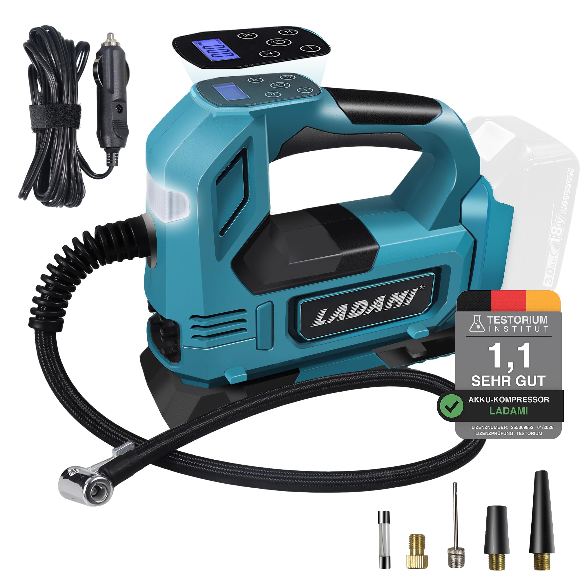 Akku-Kompressor für Makita 18V,Akku Luftpumpe bis150 PSI mit LED-Licht & Autostopp,Tragbare Luftpumpe mit Digitales Manometer,Elektrischer Luftkompressor für Auto, Motorrad,Fahrrad,Sportbälle