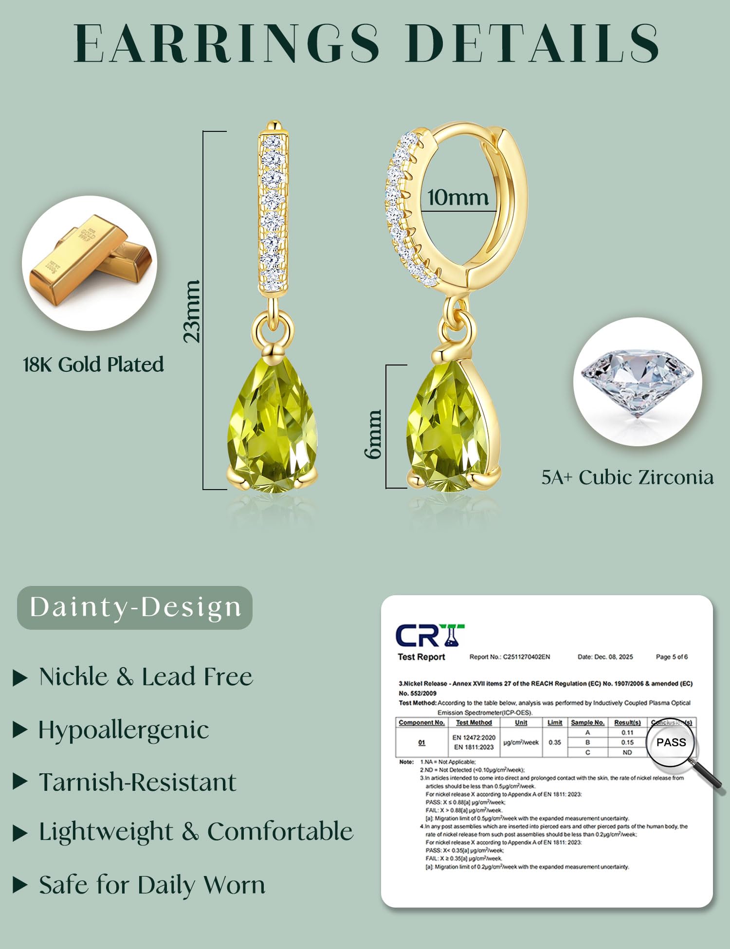 ZNBOH Orecchini Pendenti Donna Oro Placcato 18K Anallergici Piccoli Orecchini con Zirconi Pietra di nascita Smeraldo Acquamarina Ametista Moissanite Piercing Orecchio Cerchio Gioielli Regalo Donna