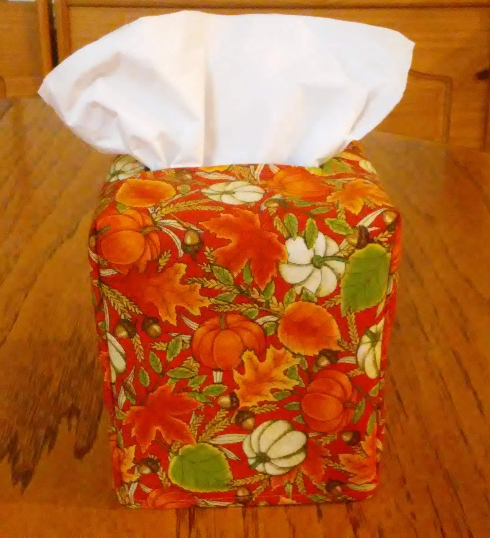 Tissue Box Cover, Square, Pumpkins, Fall Leaves and Acorns Design on Black Fabric Tissue Box Cover, Handmade