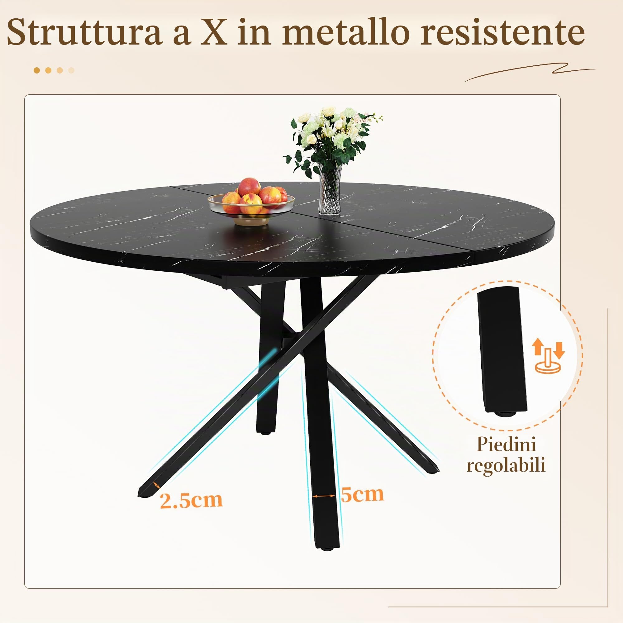 Kebnor Tavolo allungabile rotondo effetto marmo, 100 cm (allungabile fino a 140 cm) x 75,5 cm di altezza, con robusta struttura in metallo di colore nero, ideale come tavolo da cucina o tavolo da