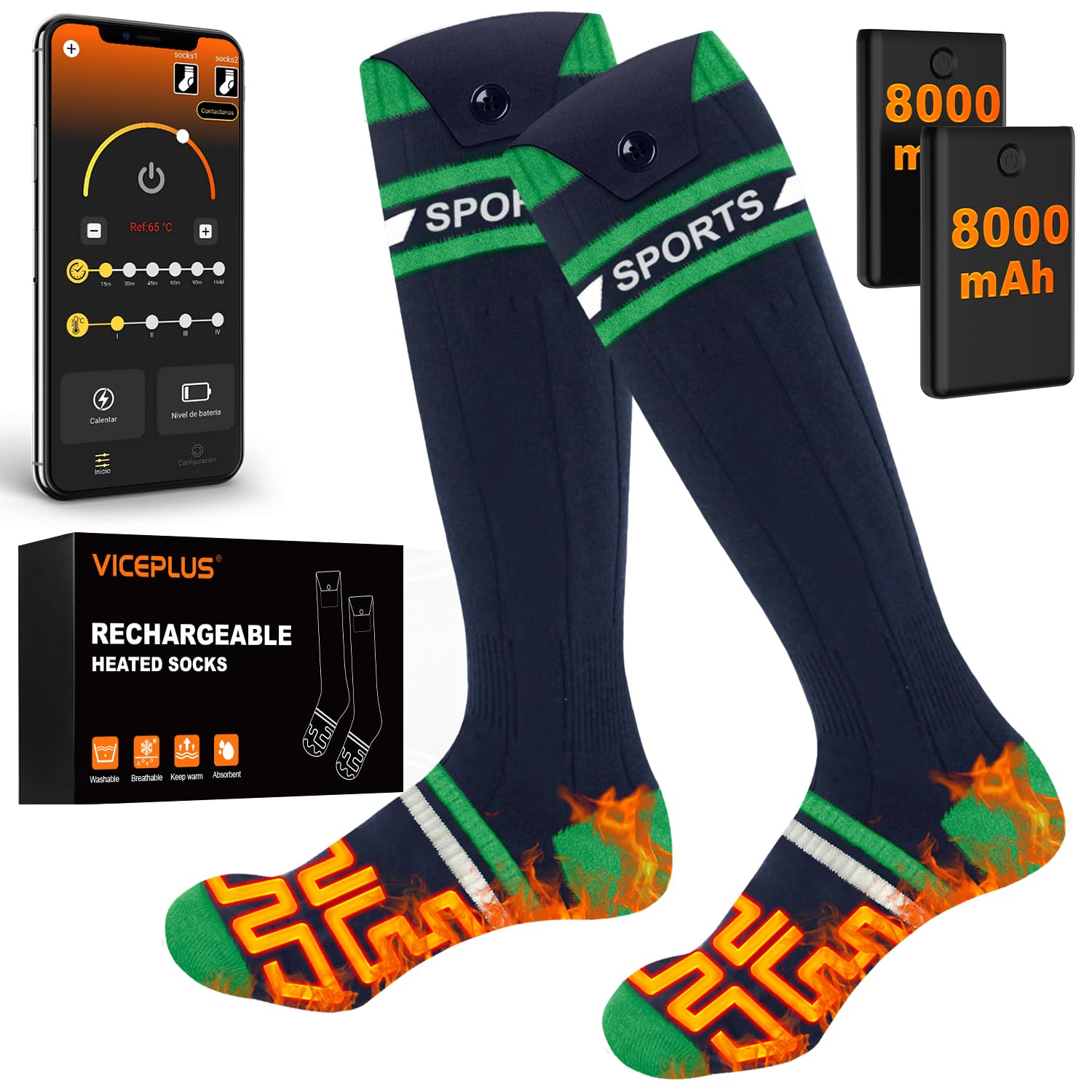 Beheizbare Socken Beheizte Socken,Heizsocken Skisocken 8000 mAh Wiederaufladbare Warme Socken Fußwärmer mit APP-Steuerung Warme Winter Socken Männer Frauen