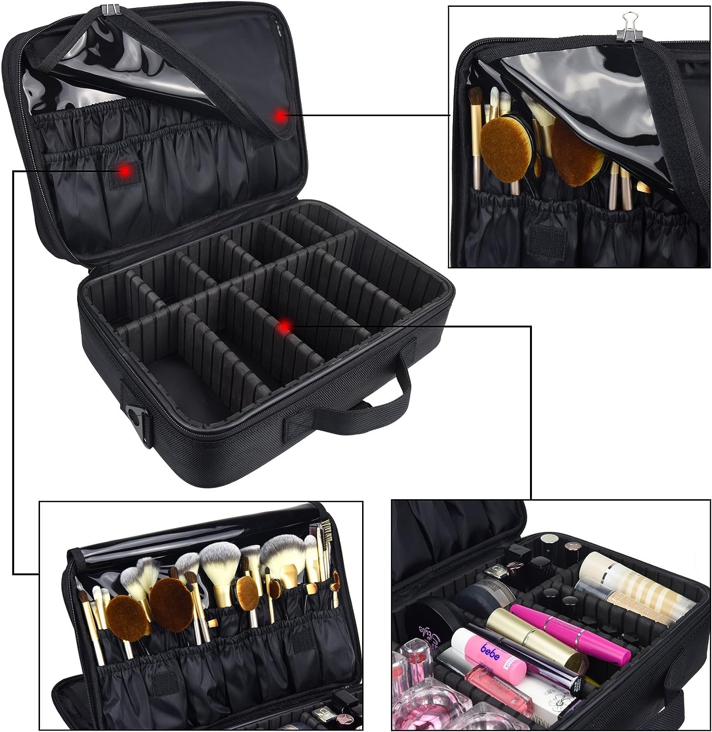 NFI essentials Professional Makeup Organizer Case with Adjustable Dividers, Large Capacity Cosmetic Storage Box, Travel Makeup Bag with Shoulder Strap, Brush Holder 4