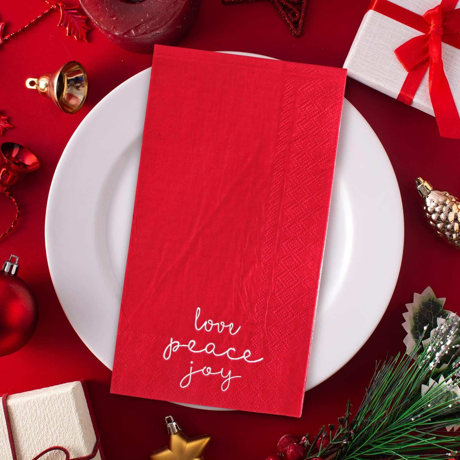 Quera 100 Pack Christmas Paper Napkins 4.38'' X 7.88'' Joy Peace Love Disposable White Decorative Table Napkin for New Year Winter Dinner Merry Christmas Holiday Xmas Decor Party Supplies red white