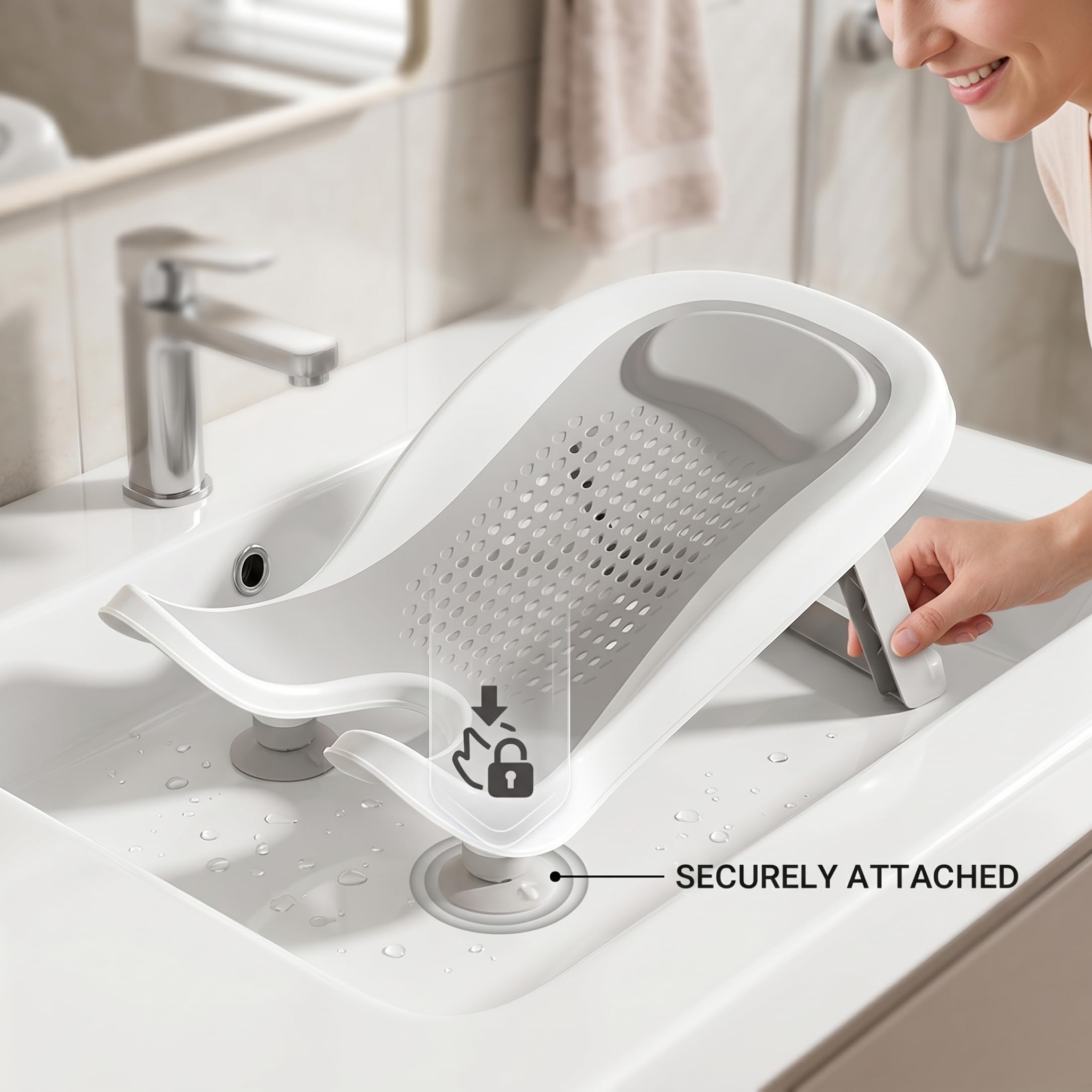 Sedili da bagno, Supporto per bagnetto, Vaschetta ergonomica per neonati con ventosa e soluzione per lavabo antiscivolo per gambe per 0-12 mesi - Grigio