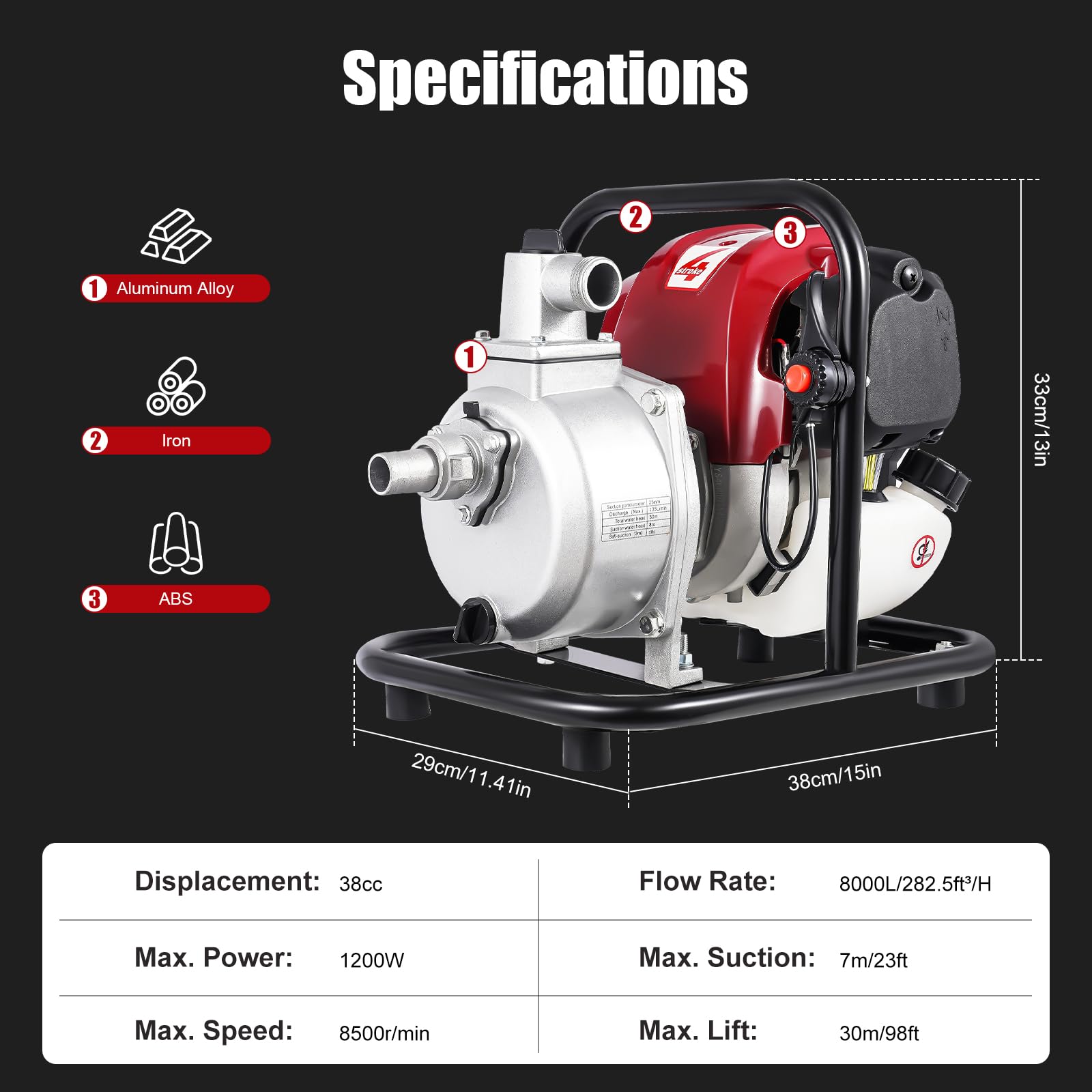 4-Takt Benzin Wasserpumpe Motorpumpe Gartenpumpe Teichpumpe Tragbare Gasbetriebene GartenbewäSserung Pump Einzylinder Schmutzwasserpumpe Kreiselpumpe Benzinmotor Hochdruck Pumpe 38CC 1200W 8500r/min