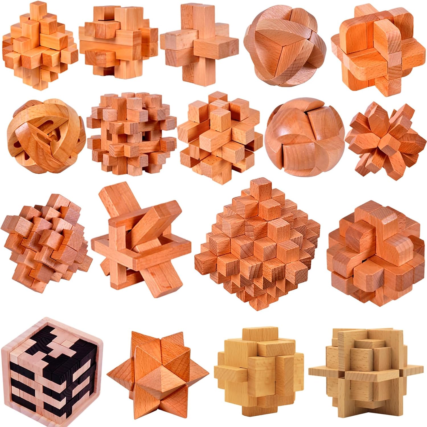 18 Pack Large Wooden Brain Teaser Puzzles Wooden Burr Puzzles Brain Teaser Puzzle with Gift Packing Box Magic Puzzle Games Toys Stocking Stuffers Party Favors for Kids and Adults (Natural Wood)
