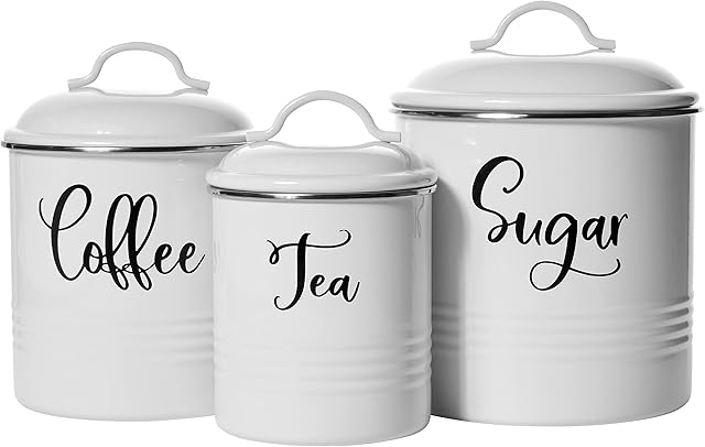 Home Acre Designs Kitchen Canisters Set of 3 - Airtight Tea, Sugar & Coffee Containers - Rustic Farmhouse Canister Jars - White