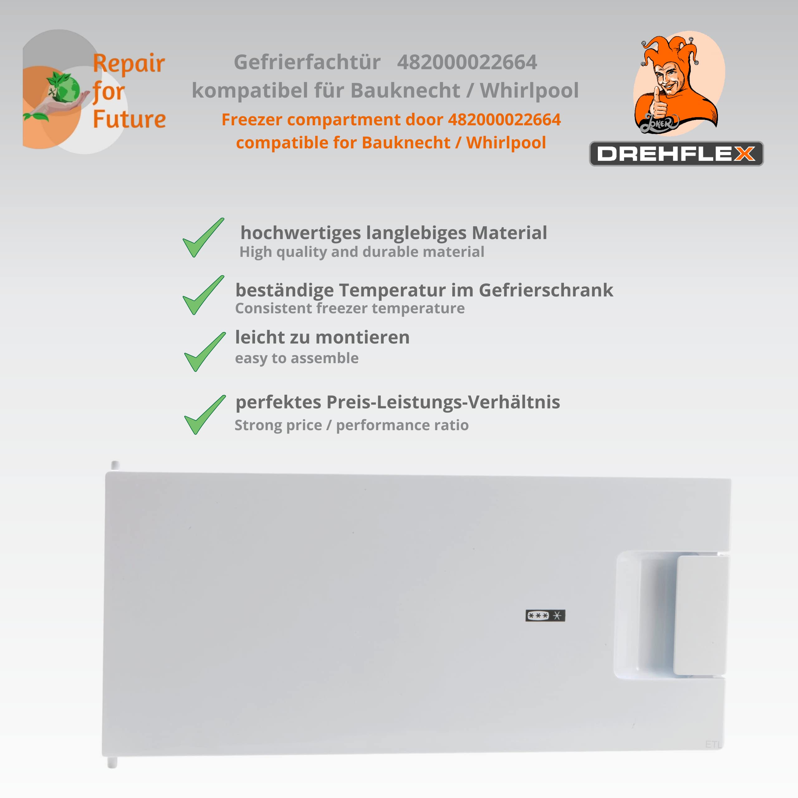 Gefrierfachtür/Klappe - passt für Teile-Nr. 482000022664 kompatibel für Bauknecht/Whirlpool -Indesit C00063308 siehe Geräteliste – 473x209x46 mm