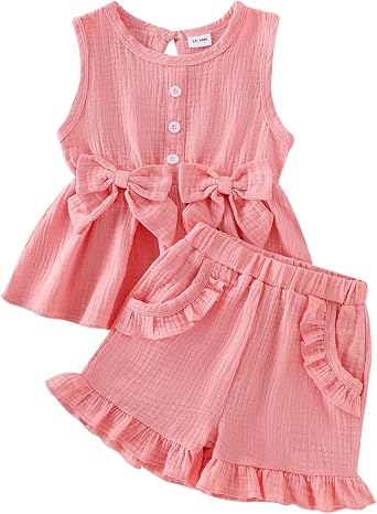 Baby Girl Clothes Toddler Summer Outfits Cute Bow Sleeveless Top and Ruffle Shorts 2pc Set 1-5 Years Old