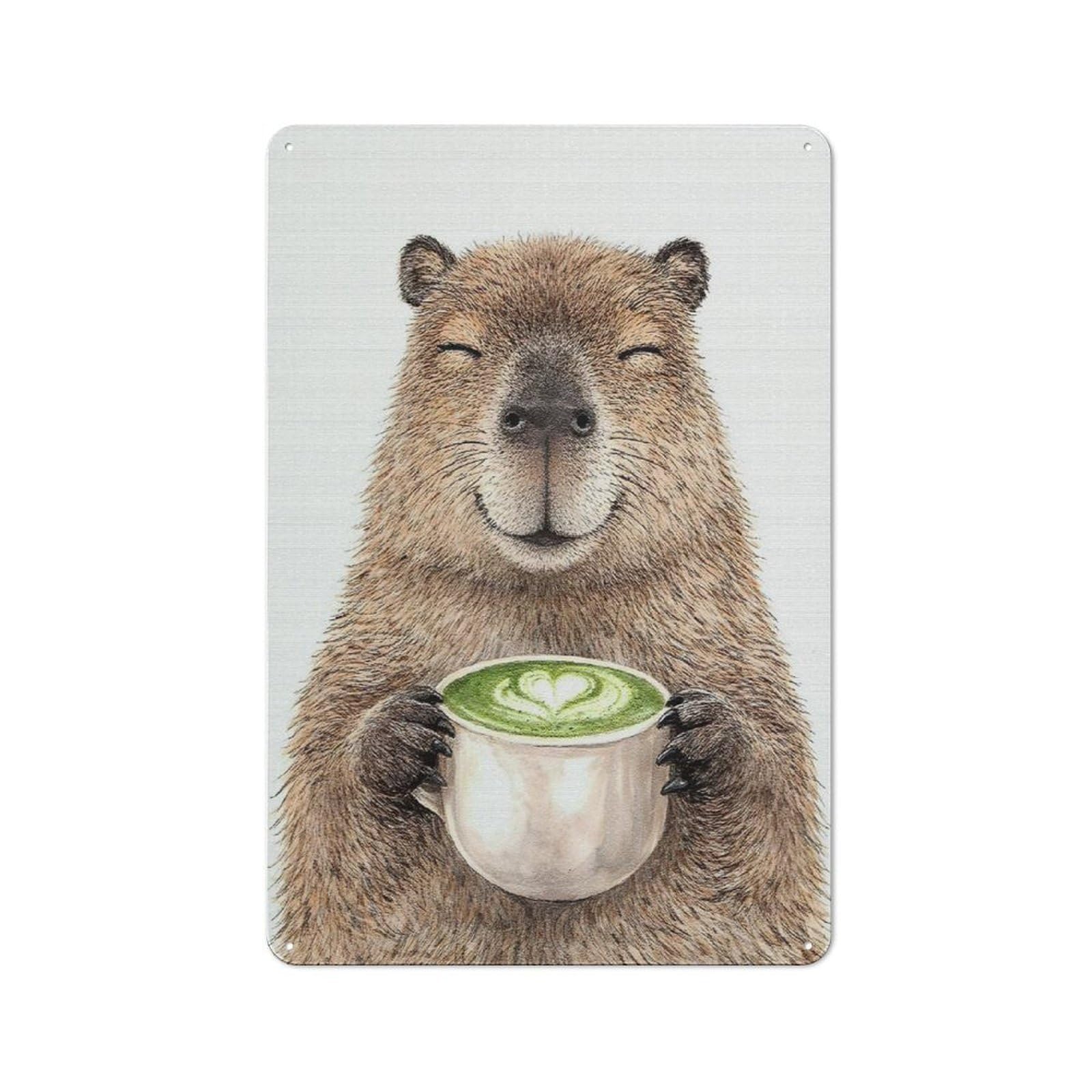 Junmoney Style-11 Vintage Vintage Tin Sign 30X20cm Featuring Capybara Enjoying Matcha Latte, Cafe Wall Decor For Coffee Bar, Kitchen, Bistro Or Tea Corner