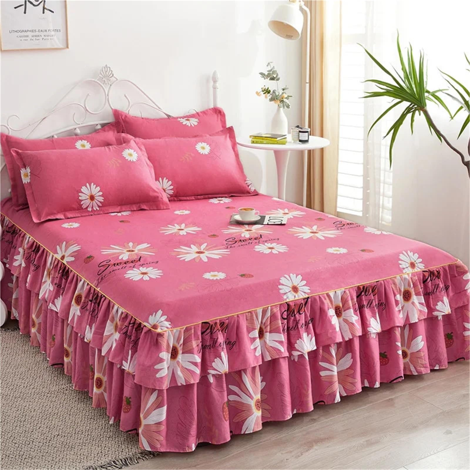 3pcs Bedding Simple Flower Bed Skirt With Pillowcases Wedding Bedspread Bed Sheet Mattress Cover(Color-08,3pcs 180x200cm)