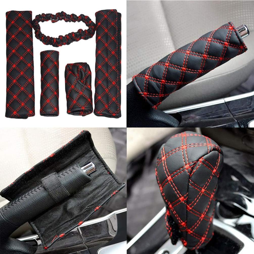 Vosarea Gear Shift Cover +2 pcs Safety Belt Shoulder Pads+ Rearview Mirror Cover + Handbrake Cover Car Interior Cover Set (Red+Black)