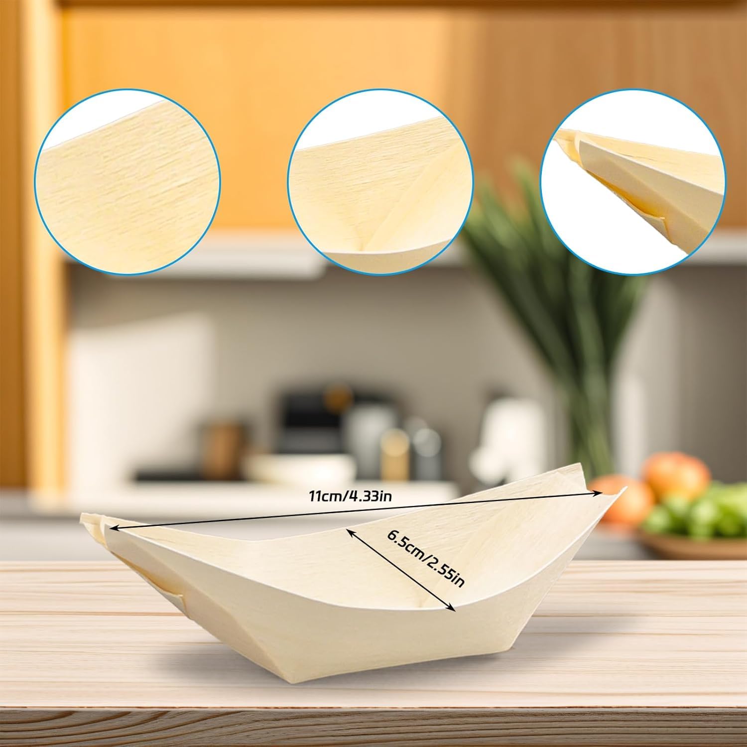 MSYU 500 piatti usa e getta in legno a forma di barca, 11 x 6,5 cm, piatti per alimenti, piccoli piatti, antipasti, sushi, contenitori per alimenti, catering, vacanze, casa