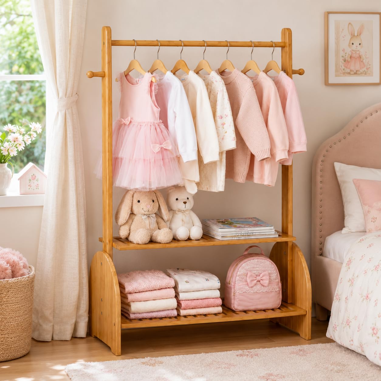 BAMBOOHOMIE Kinder-Kleiderständer mit verstellbaren Stangen, Kleiderständer für Kinder, Babys und Haustiere, Spielzeug-Organizer mit 2 Ablageböden, Kinder-Garderobe für Kleinkinder und Kinderzimmer