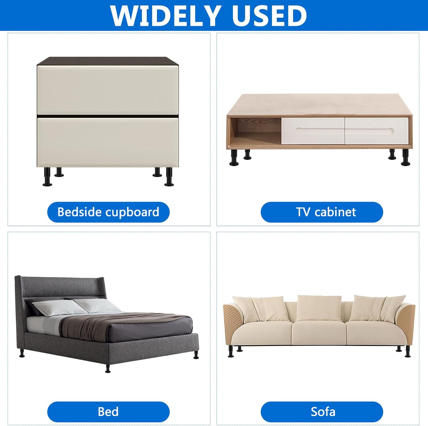 Set of 4 furniture feet, table legs, height adjustable, stainless steel feet for furniture, steel feet (8-12 cm), adjustable, suitable for tables, sofas, cupboards, etc.