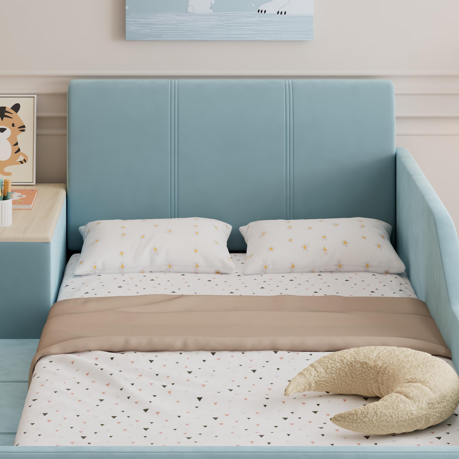 Dolamaní Polsterbett 90x200 cm Kinder mit Schreibtisch und Hocker, Einzelbett Mit Ablageboden und Polster Kopfteil, Bett mit Holz Lattenrost, Kinderhochbett Samt ohne Matratze (Blau)