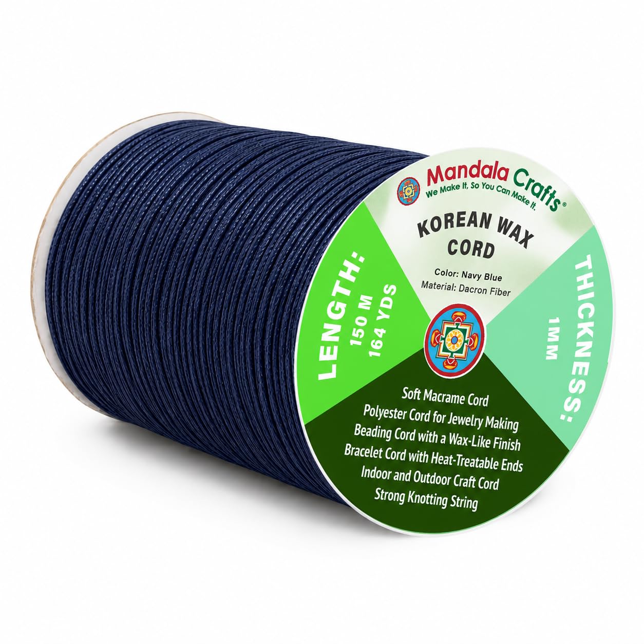 Mandala Crafts Korean Waxed Cord 1mm Navy Blue 164 Yards for Jewelry Making, Bracelet Necklace Knotting Cord for Macrame and Beading, Polyester Waxed String Thread