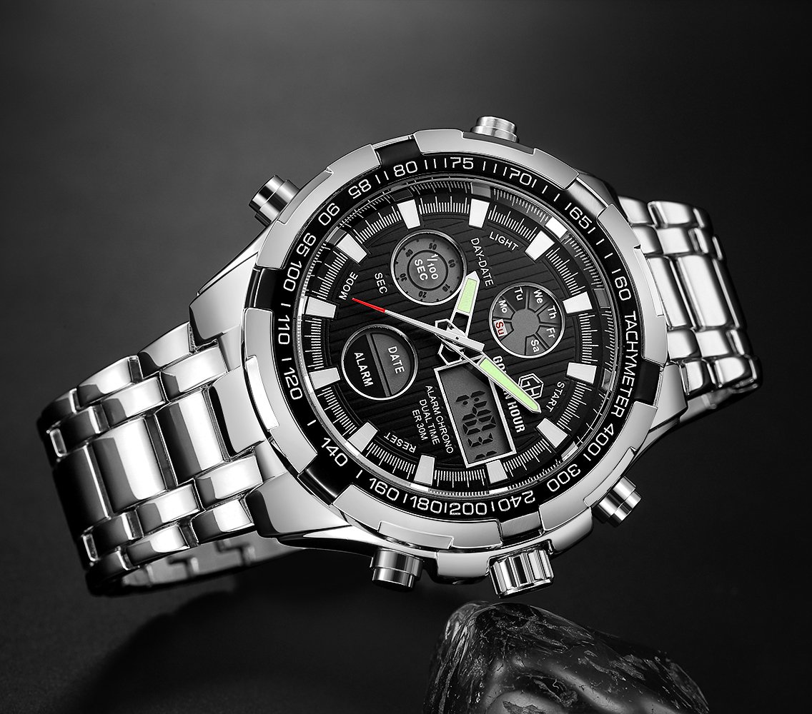 Affute Armbanduhr für Herren, Schwerer Chronograph aus Edelstahl, wasserdicht, mit Datums- und Alarmfunktion, Analog-/Digitalanzeige