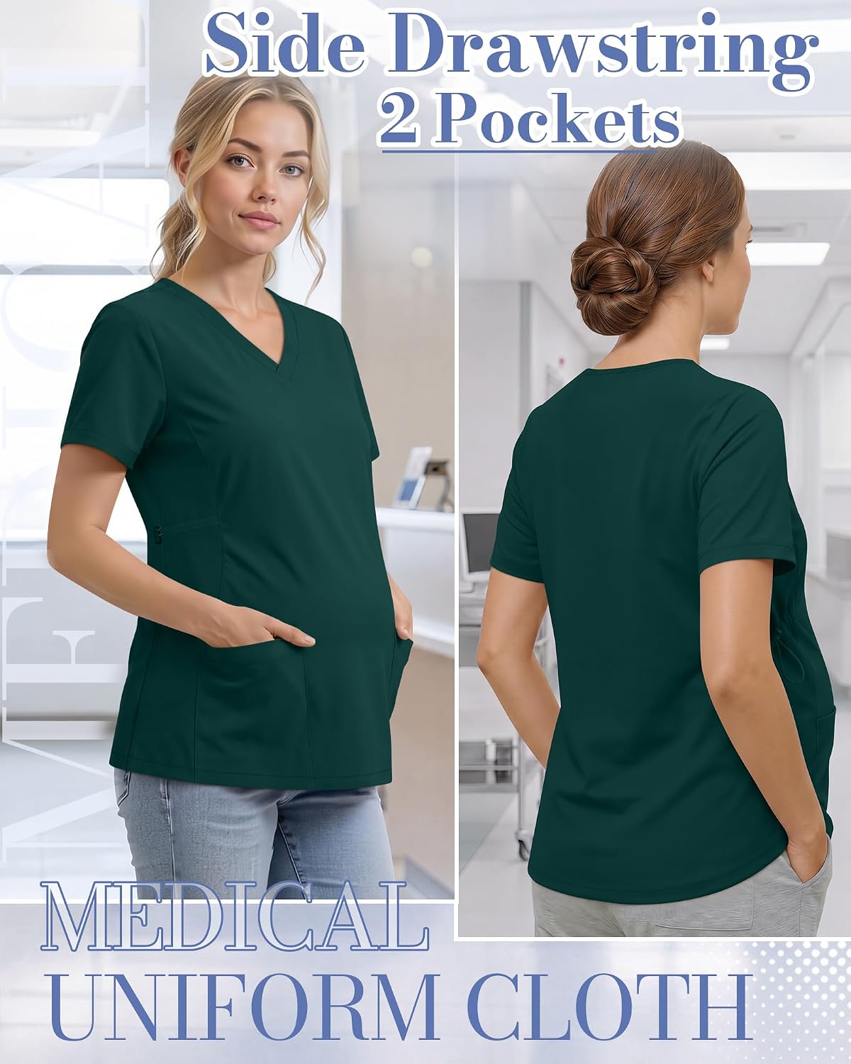Neer Women's Maternity Scrub Top V-Neck Short Sleeve Nurse Shirt Cotton Medical Uniform Cloth with Side Drawstring 2 Pockets