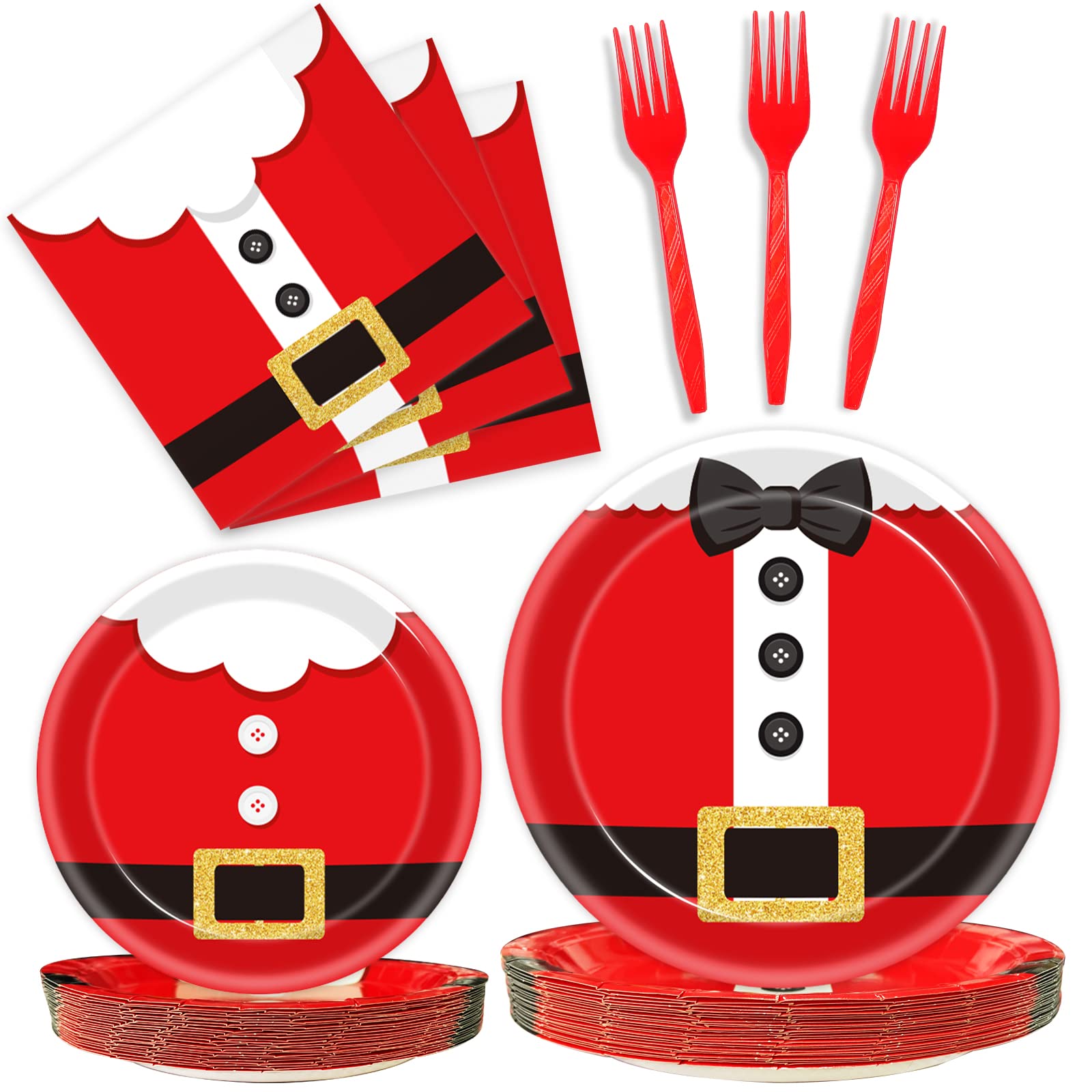 Kepeel96 Pcs Santa Christmas Paper Plates Santa Claus Suit Disposable Party Plates Napkins Set Merry Christmas Holiday Dinnerware Party Decoration Supplies, Serves 24