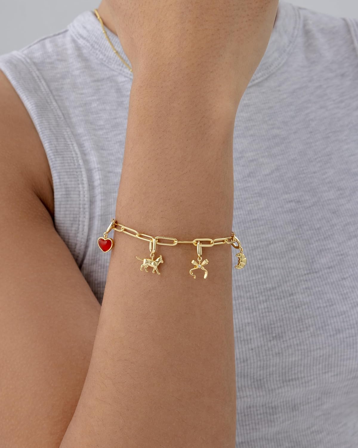PAVOI 14K Gold Plated Adjustable Bracelet for Women | Twisted Bar & Paperclip Charm Chain Bracelets with Moon, Evil Eye, Teddy Bear, Valentines Day Heart Lock, Airplane, Dog, Cowboy Boot, Cat, Cupid & More | Fashion Jewelry - Image 2
