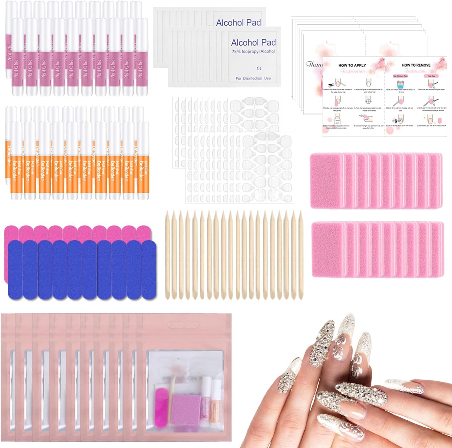 Press on Nails Prep Kit - 20PCS All-in-One Tool Set with Glue, Remover, File, Buffer, Prep Pads, Adhesive Tabs & Wood Stick + Instructions