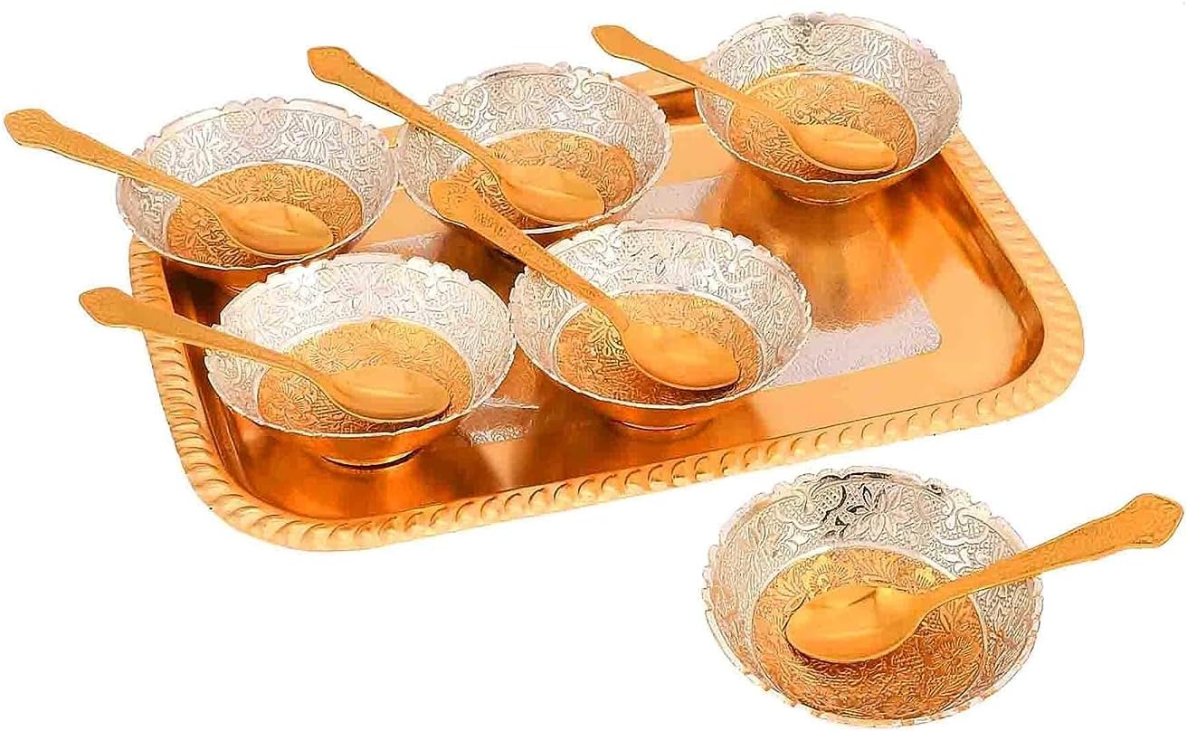 NOBILITY Bowl Spoon Tray Set Gold Silver Plated Dry Fruits Dessert Serving Friends Family Housewarming Home Decoration Corporate Wedding Return Gifts Diwali Eid Christmas Gift items