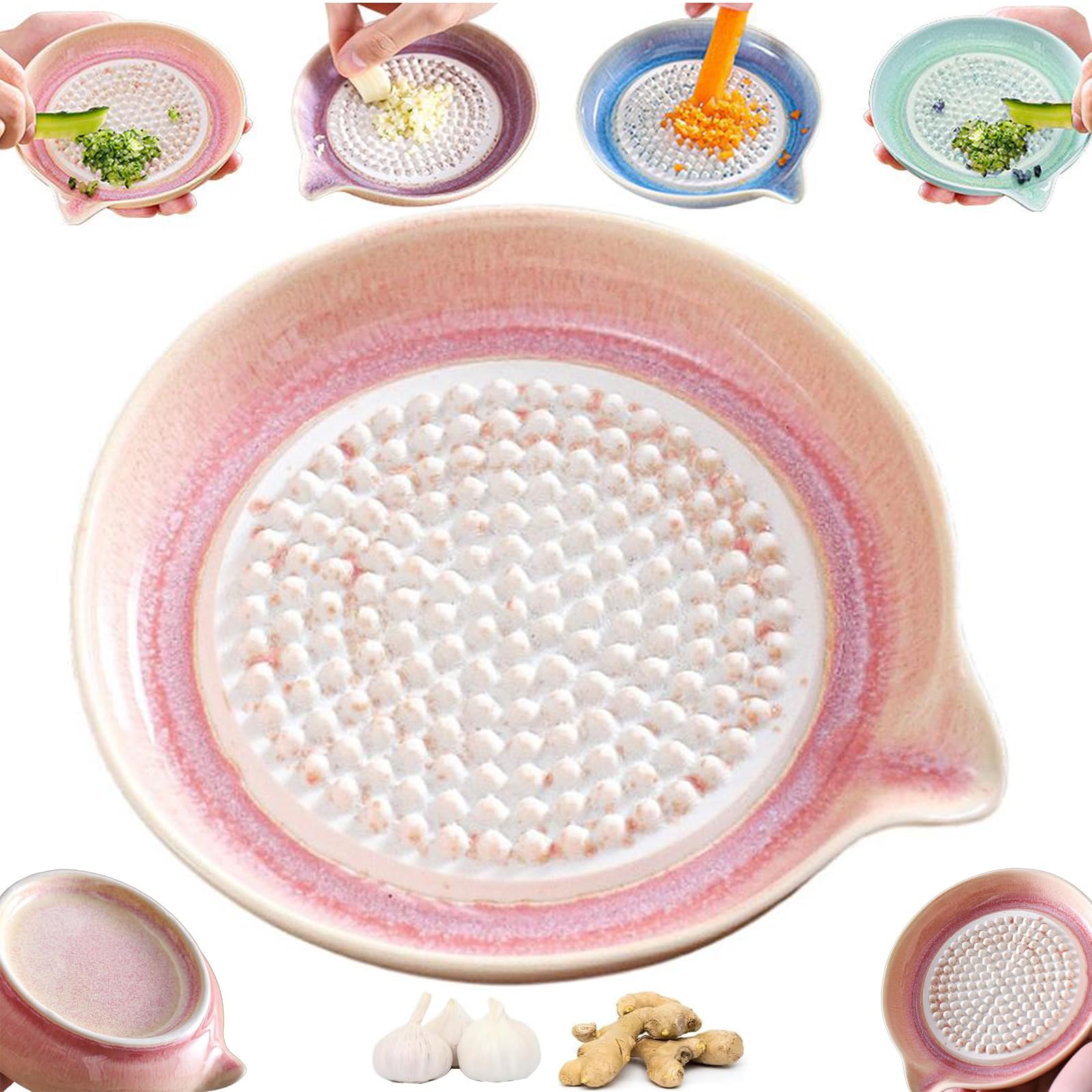 Ceramic Grater Plate - Gradient Porcelain Garlic Grater and Ginger Grinder Dish with Spout | Handheld Kitchen Tool for Cheese, Chocolate, Fruits & Vegetables | Easy to Clean, Compact 4.7" Size