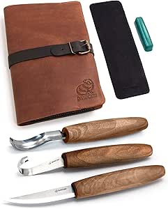BeaverCraft Wood Spoon Carving Tools Kit S14x Deluxe - Whittling Tools Set Includes Sloyd Wood Carving Knife, Hook Knife, Gouge, Leather Roll-Up Case &amp; Leather strop with Polishing Compound