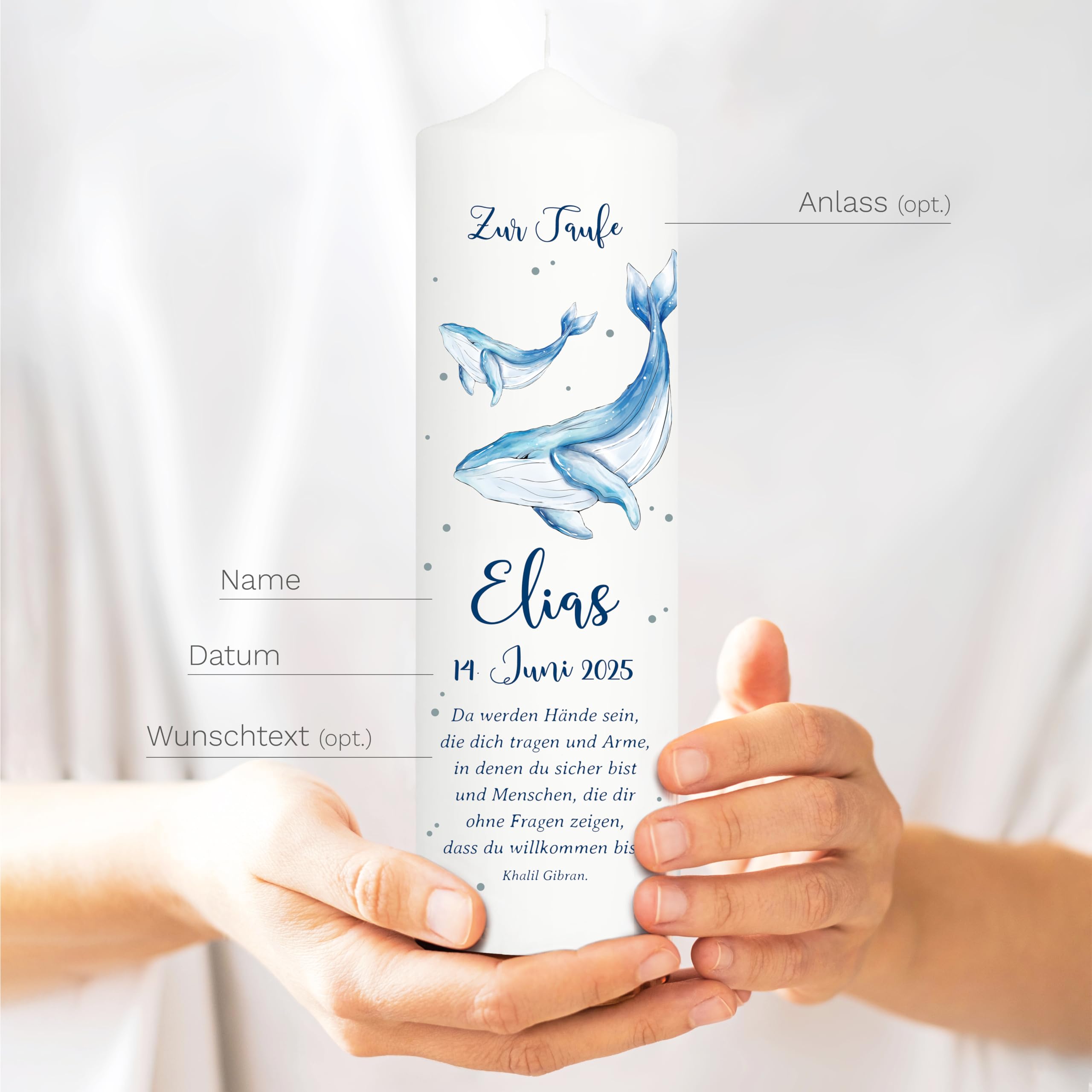 Wandtattoo Loft Taufkerze Junge mit Taufspruch + 2 Patenkerzen, Motiv Blauer Wal 25 x 7 cm, personalisierte Kerze, bedruckte Kerze zur Taufe, Taufgeschenk