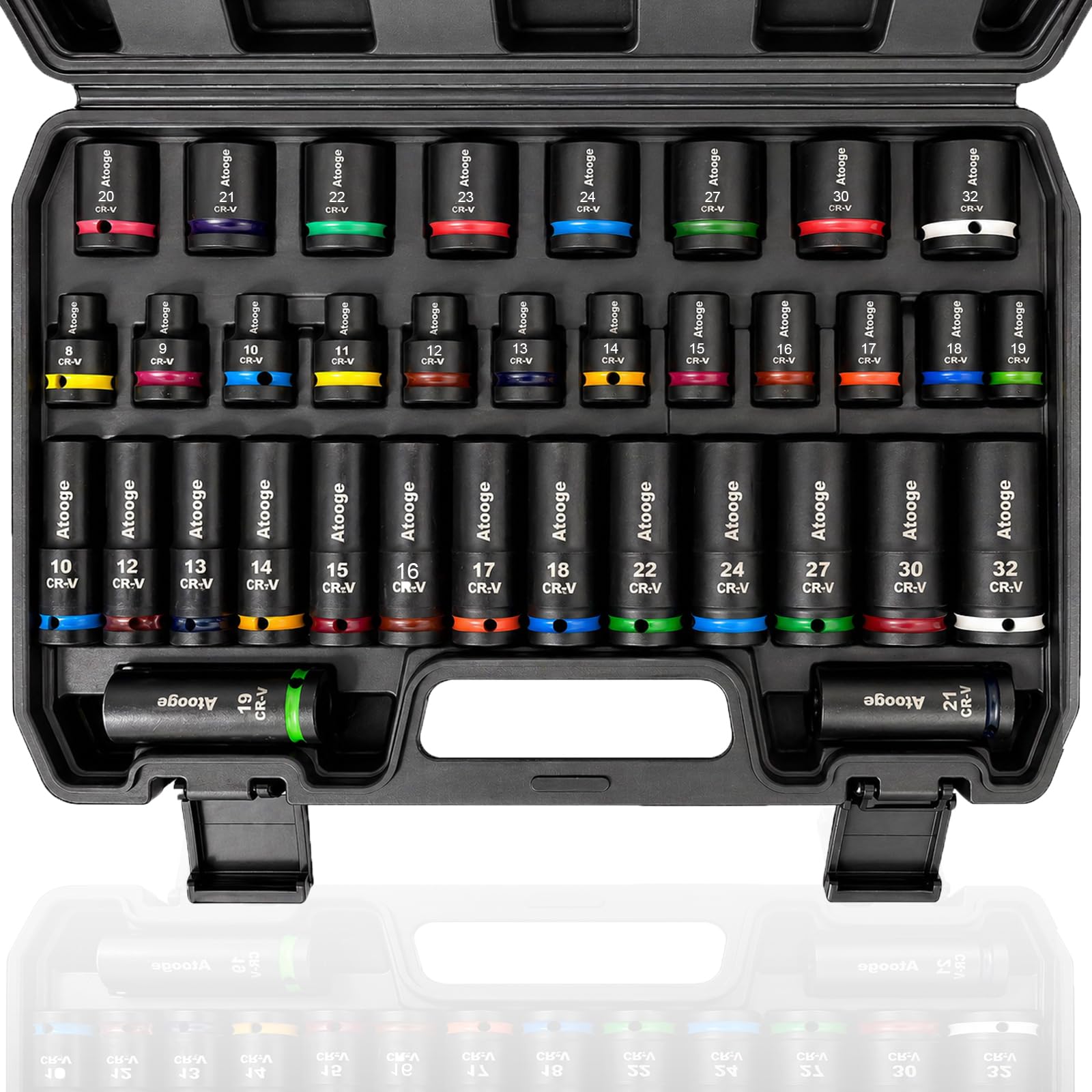 1/2-Zoll-Antrieb, 35-teiliges Schlag-Steckschlüssel-Set, 20 Stück kurz, 8–32 mm und 15 Stück tiefe 10–32 mm 6-Punkt-Stecknüsse, CR-V-Stahl, korrosionsbeständige Farbring-Stecknüsse für Auto, LKW