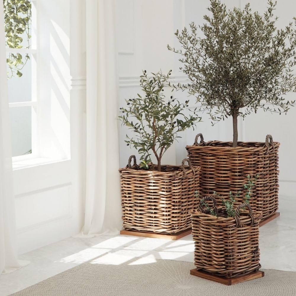 Dickes CL Rattan Korb CESTINO braun ca.50cm Teakbodenplatte Pflanzkorb Griffe Aufbewahrungskorb