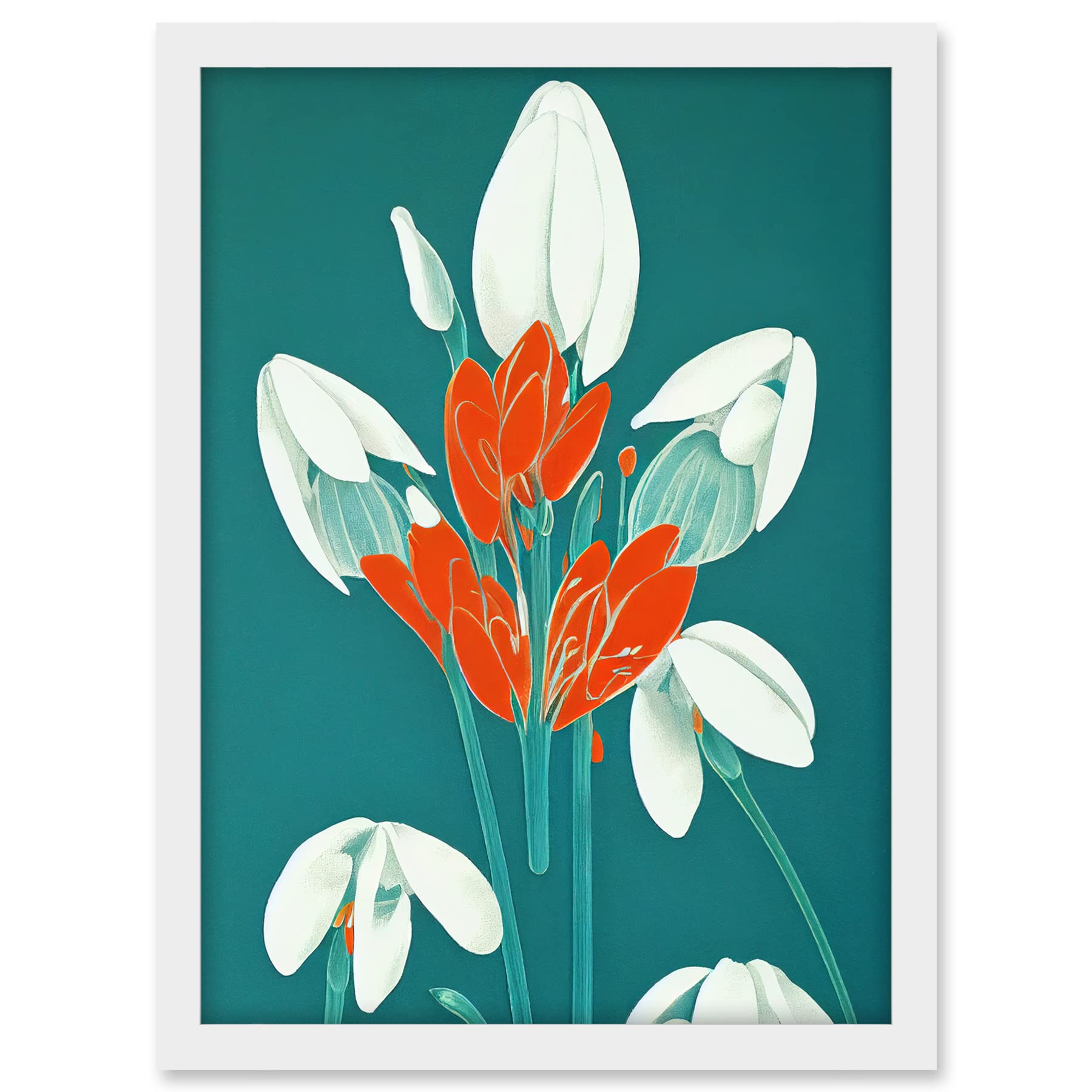 Wee Blue Coo Abstract Snowdrops Red Flowers on Teal Retro Mid Century Style Artwork Framed A3 Wall Art Print